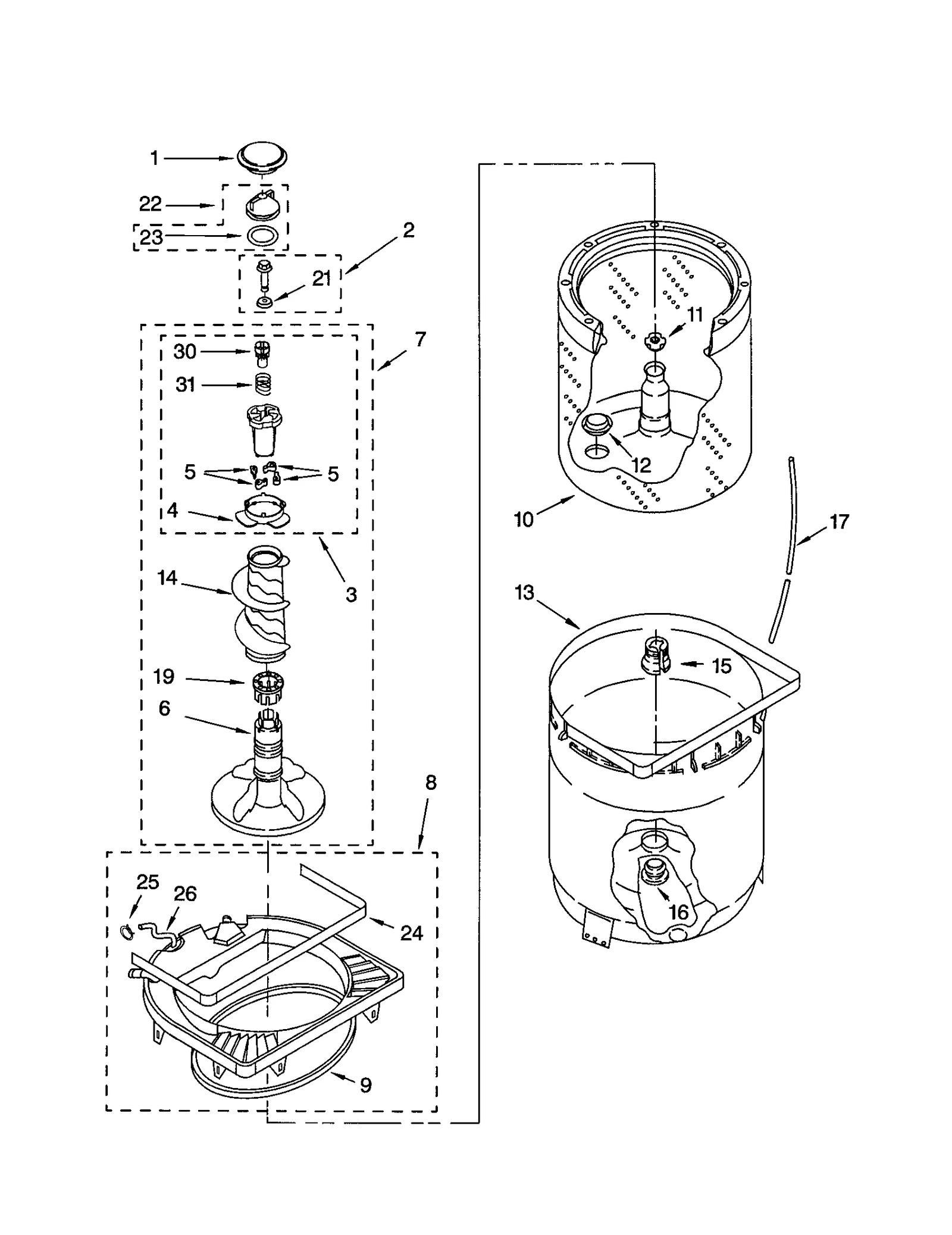 AGITATOR, BASKET AND TUB
