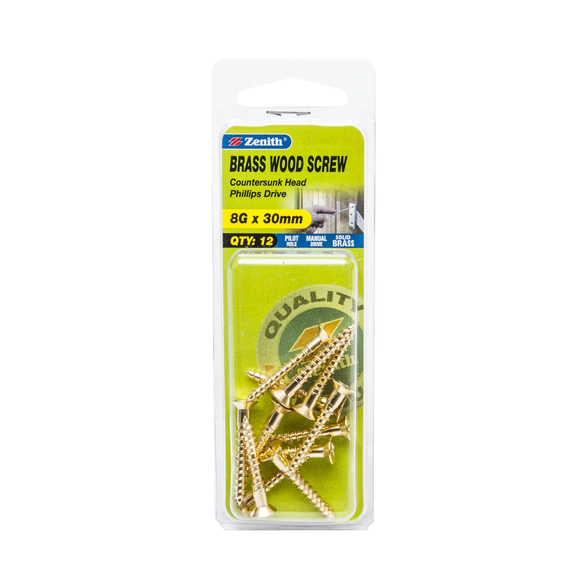 ZENITH® 8G x 30mm Solid Brass, Phillips Drive, Wood Screws – Internal Use – 12 Pack