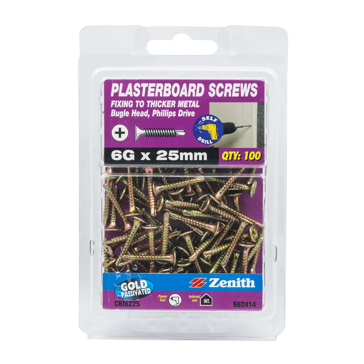 ZENITH® 6G x 25mm Gold Passivated, Self Drilling, Phillips Drive, Plasterboard Screws – Internal Use – 100 Pack