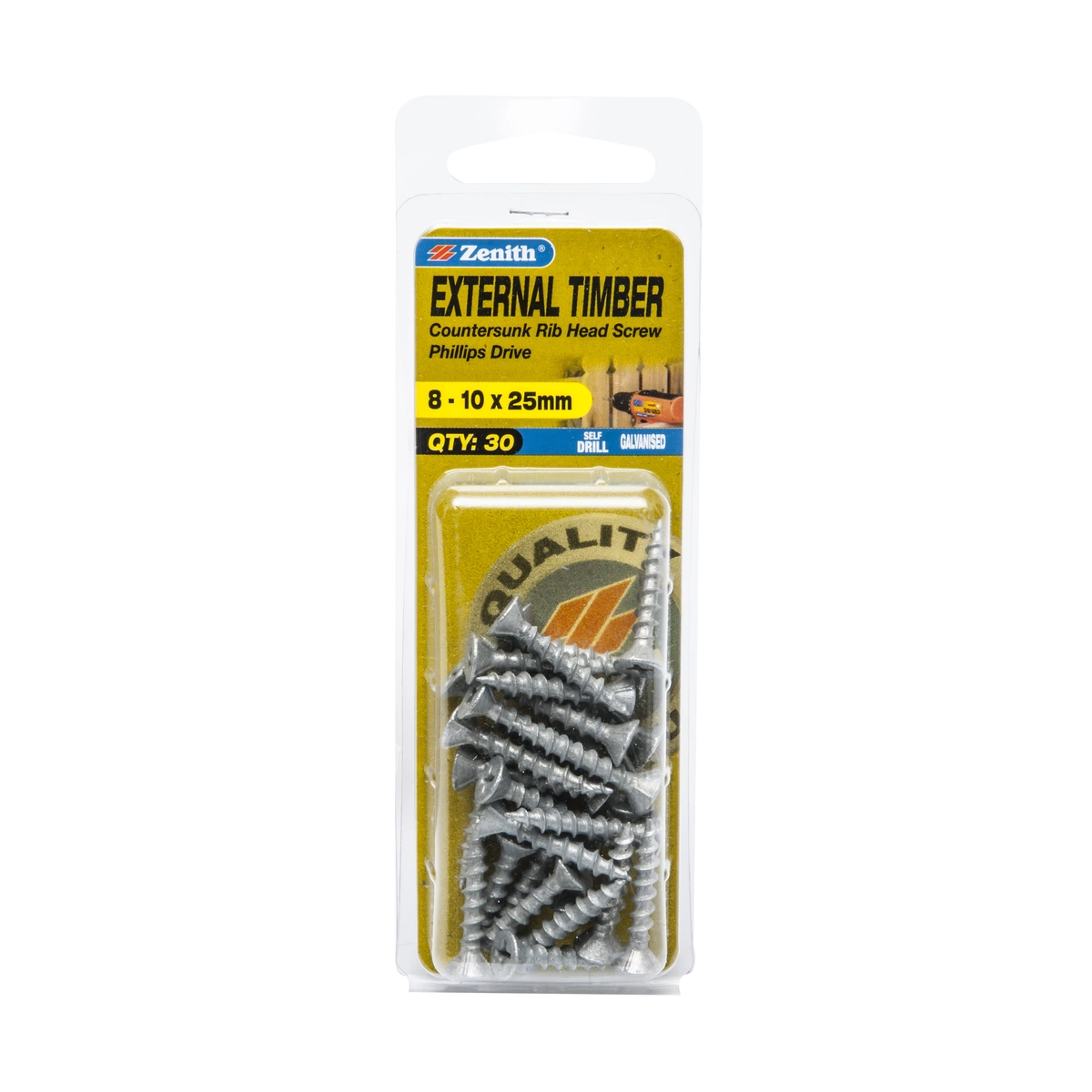 ZENITH® 8G x 25mm Galvanised, Phillips Drive, Timber Screws – External Use – 30 Pack