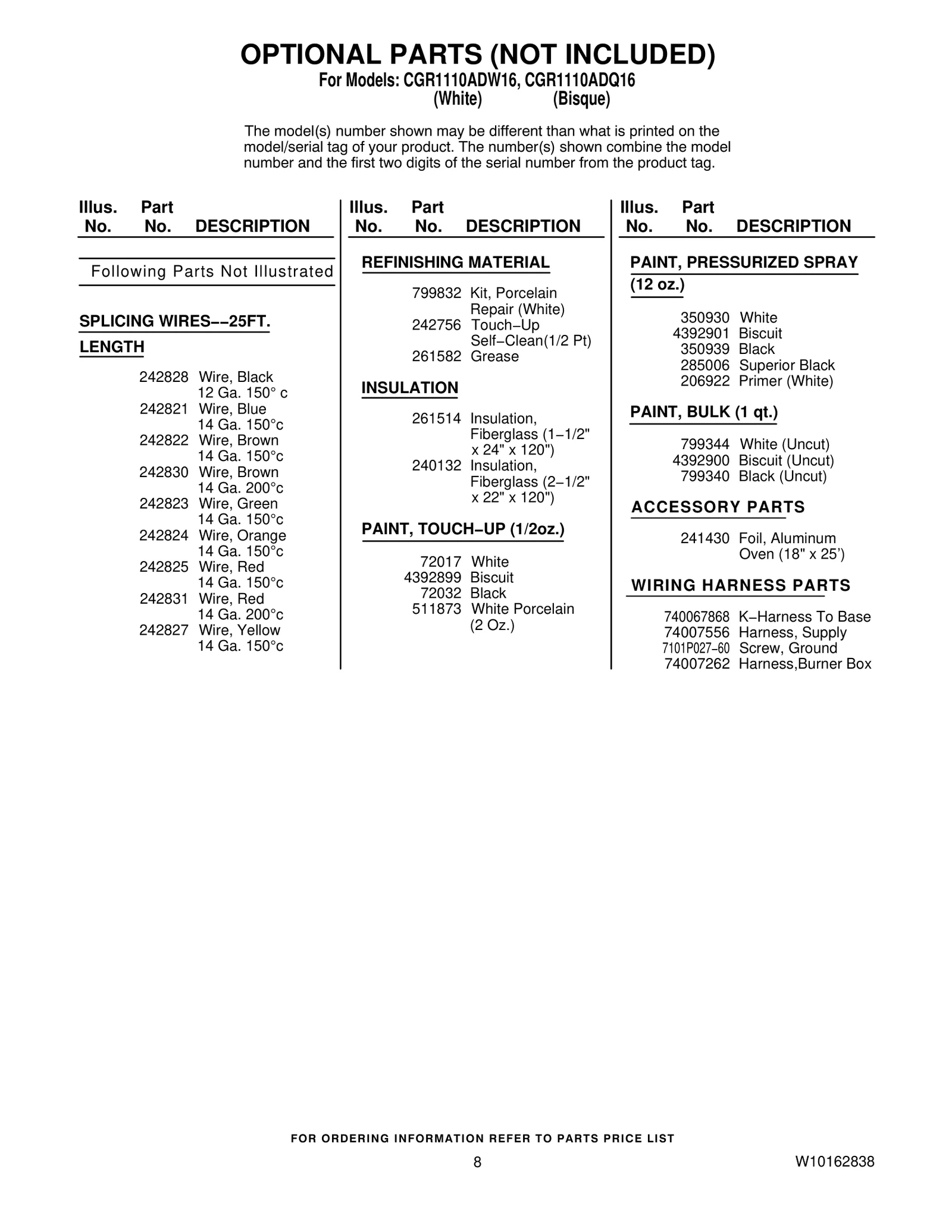 OPTIONAL PARTS (NOT INCLUDED)