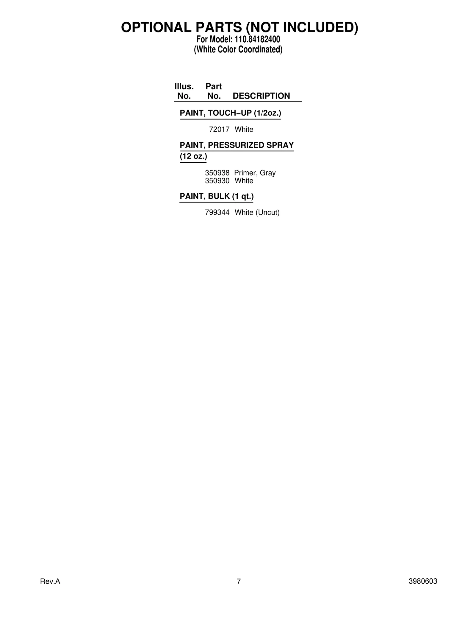 OPTIONAL PARTS (NOT INCLUDED)