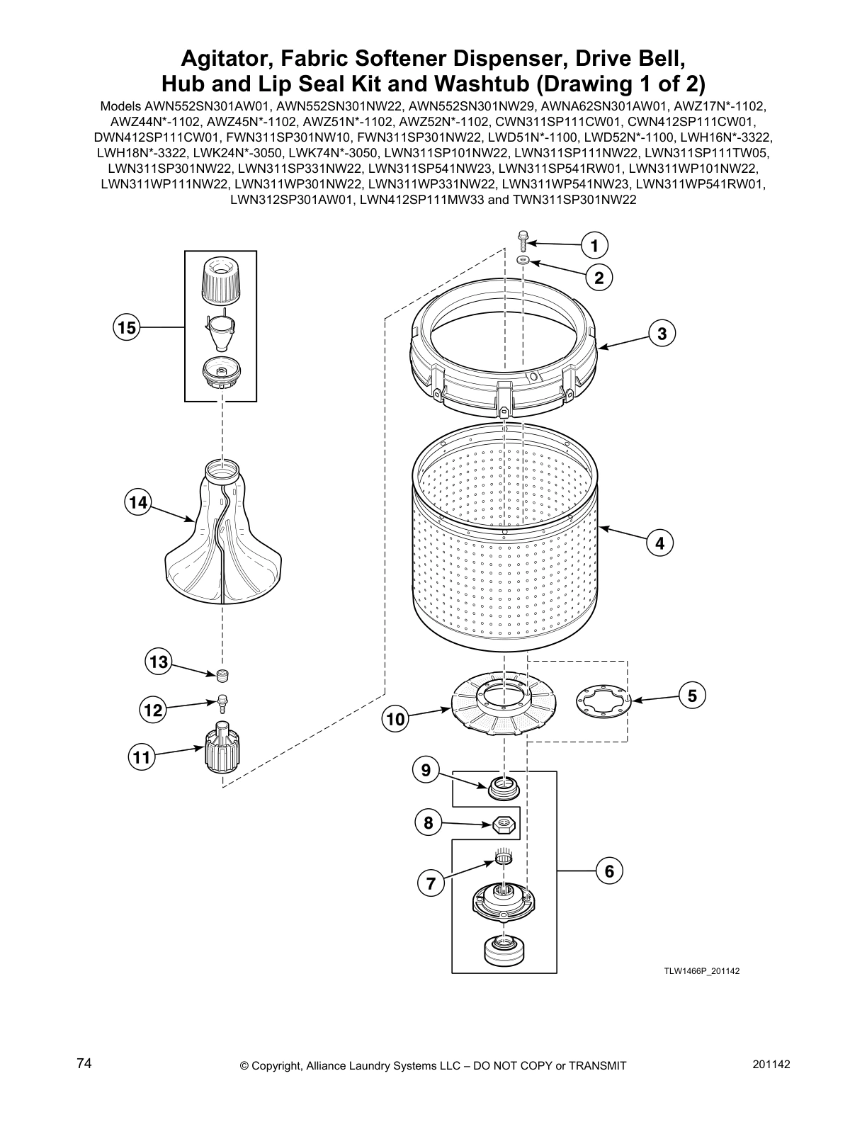 Agitator, Fabric Softener Dispenser, Drive Bell, 
Hub and Lip Seal Kit and Washtub (Drawing 1 of 2)