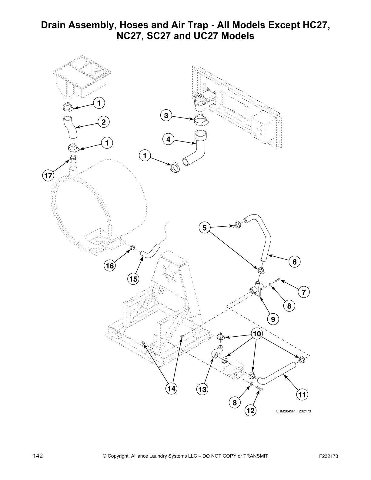 Drain Assembly, Hoses and Air Trap - All Models Except HC27,
NC27, SC27 and UC27 Models