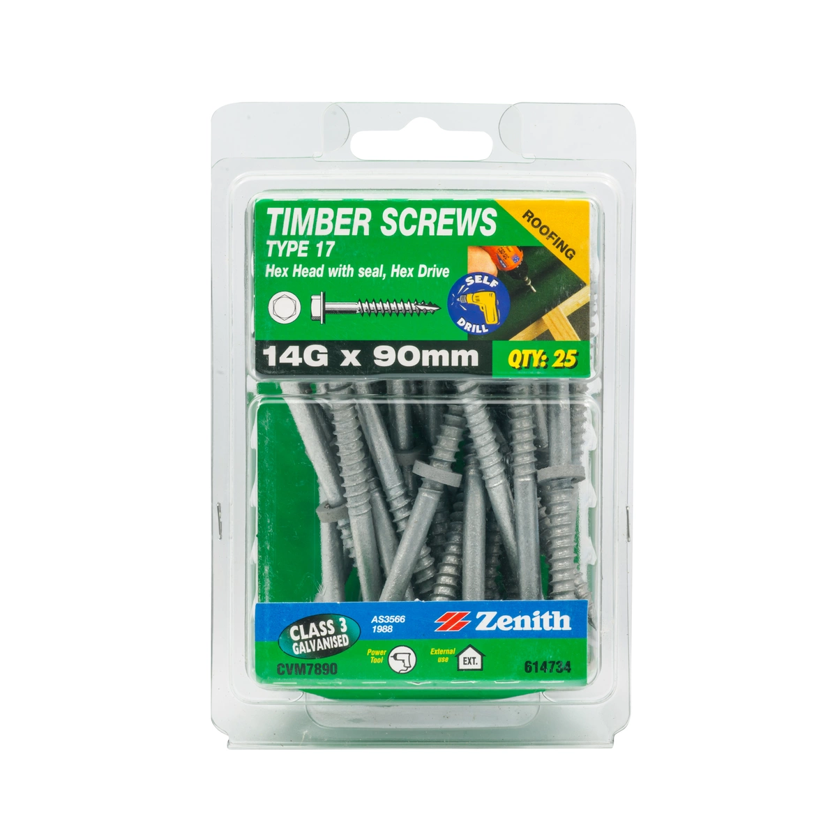 ZENITH® 14G x 90mm Class 3 Galvanised, External Hex Drive, Cladding & Roofing Screws with Seal – External Use – 25 Pack