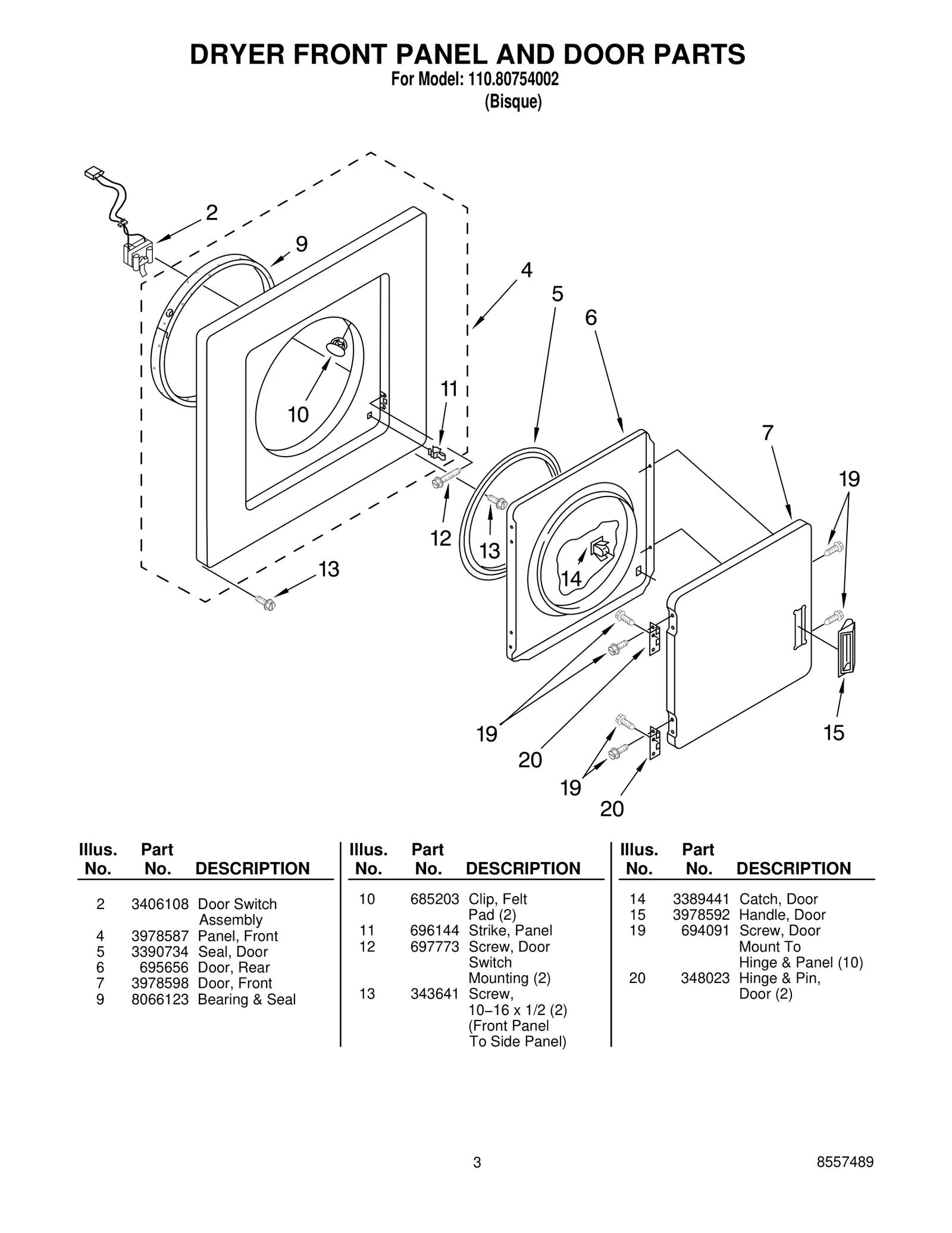 DRYER FRONT PANEL AND DOOR PARTS