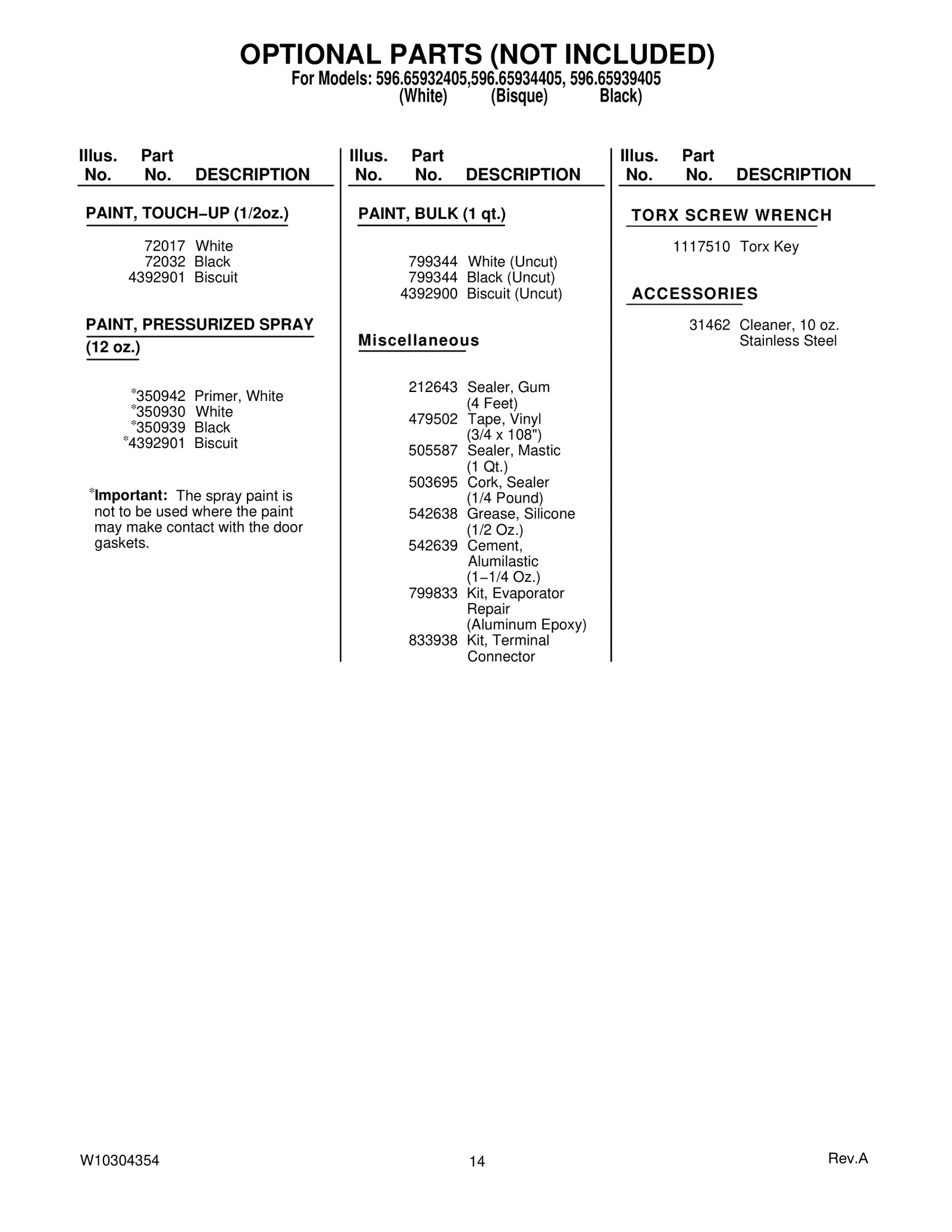 OPTIONAL PARTS (NOT INCLUDED)