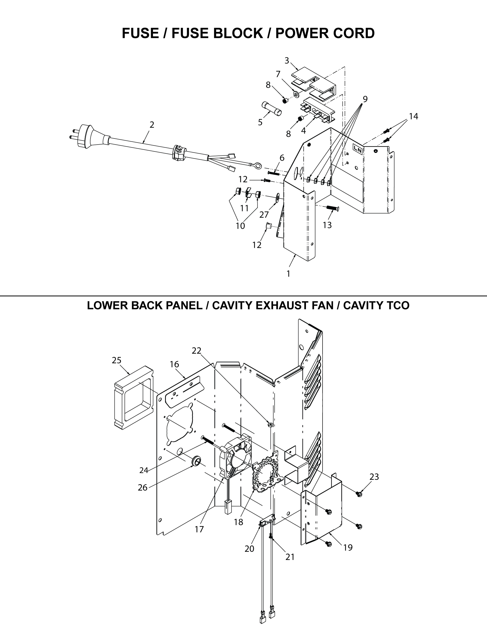 FUSE BLOCK / POWER CORD / LOWER BACK PANEL / EXHAUST / CAVITY TCO