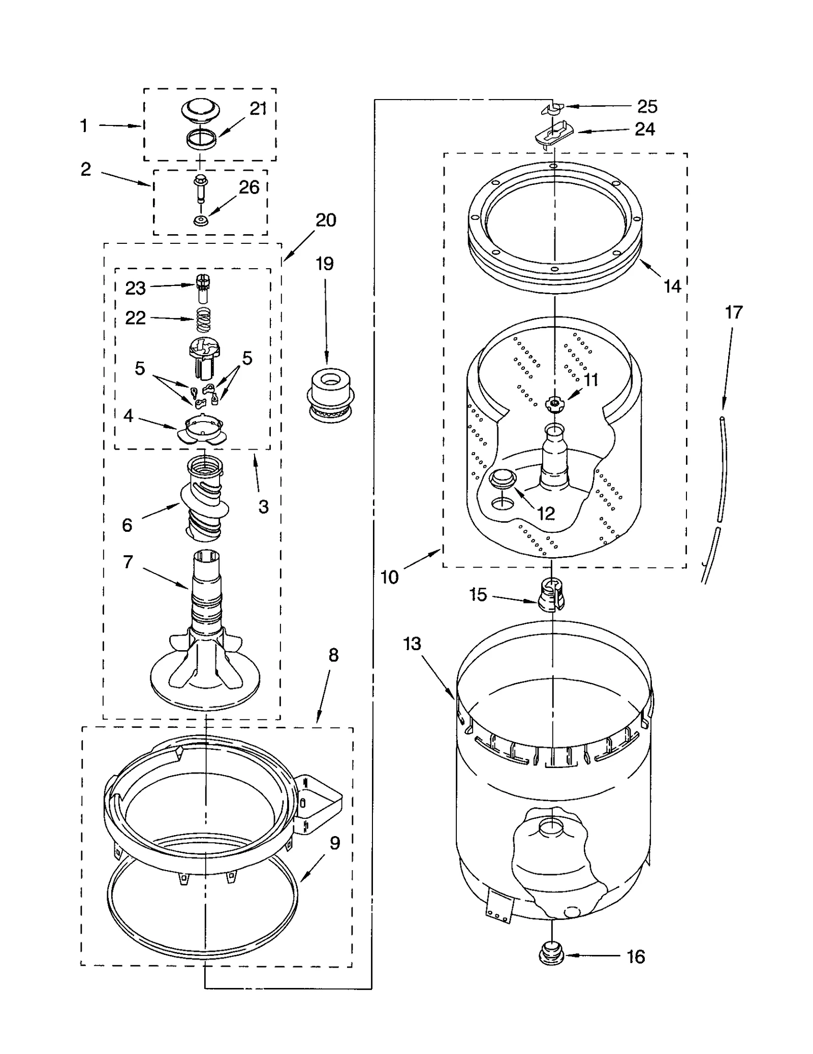 AGITATOR, BASKET AND TUB