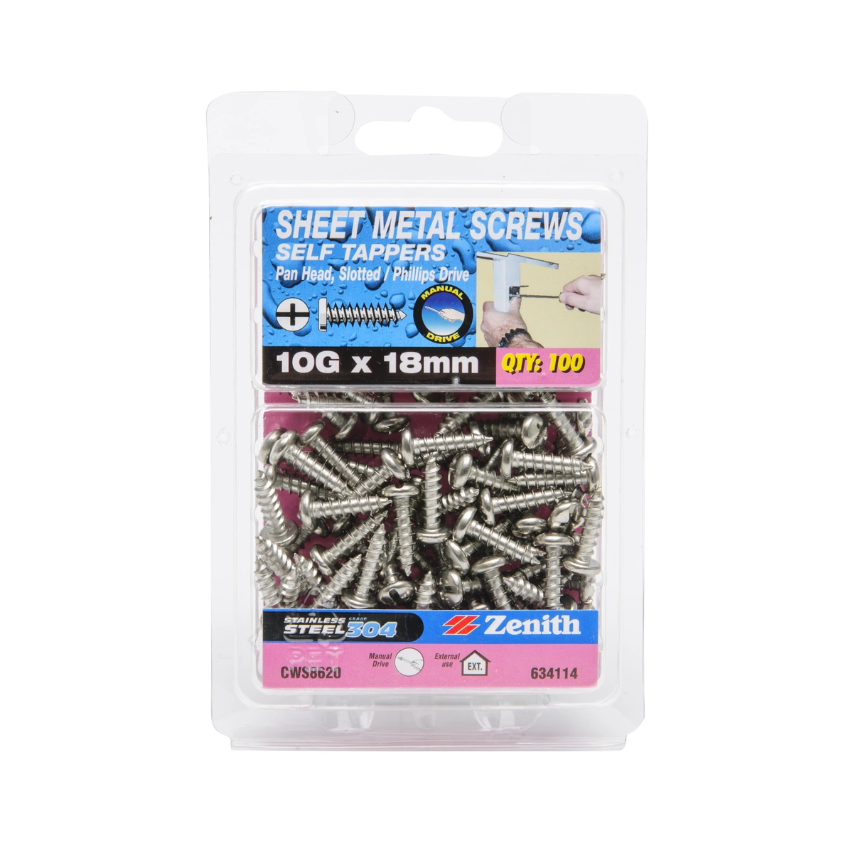 ZENITH® 10G x 20mm 304 Stainless Steel, Self Tapping, Phillips Drive, Sheet Metal Screws – External Use – 100 Pack