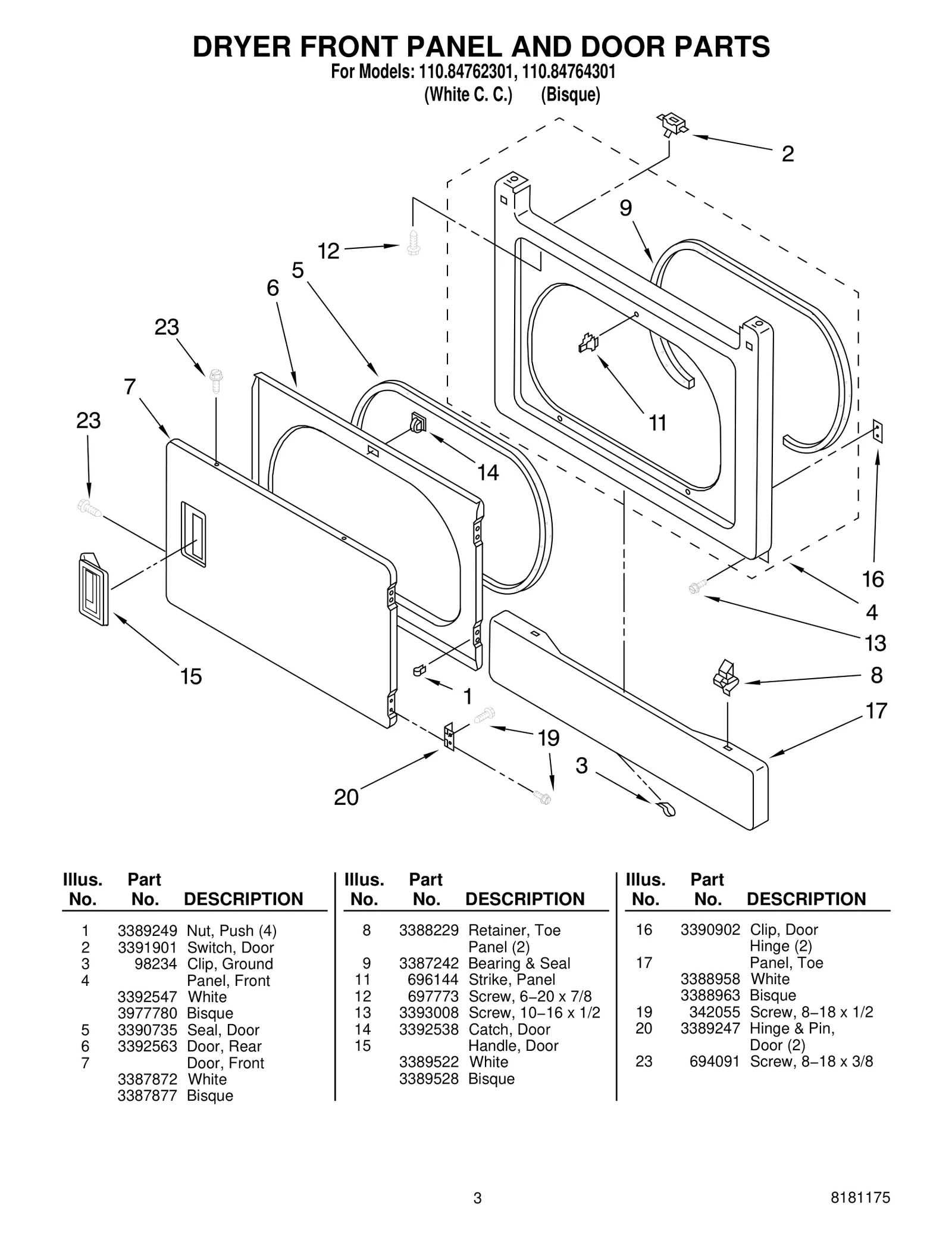 DRYER FRONT PANEL AND DOOR PARTS