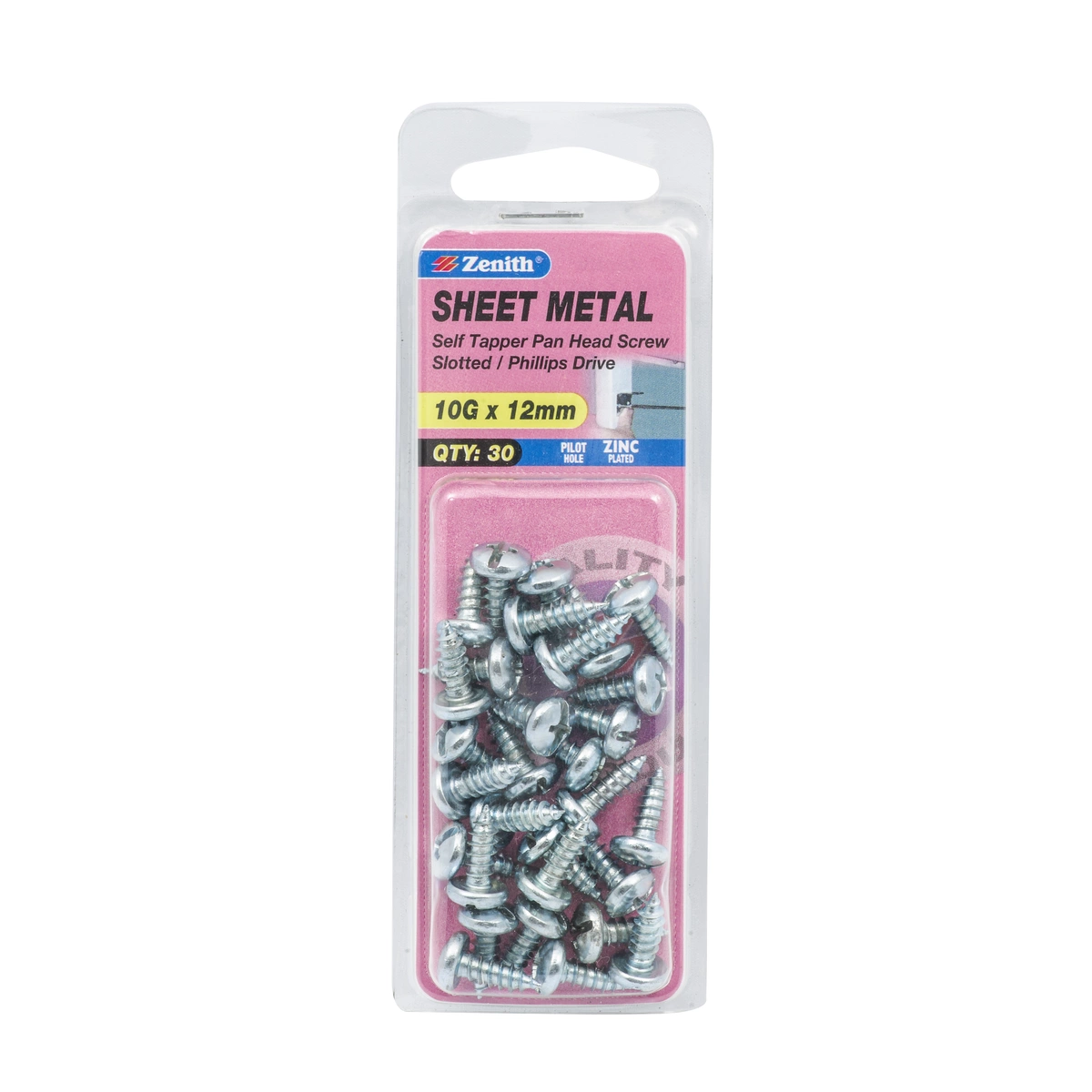 ZENITH® 10G x 12mm Zinc Plated, Self Tapping, Combination Drive, Sheet Metal Screws – Internal Use – 30 Pack