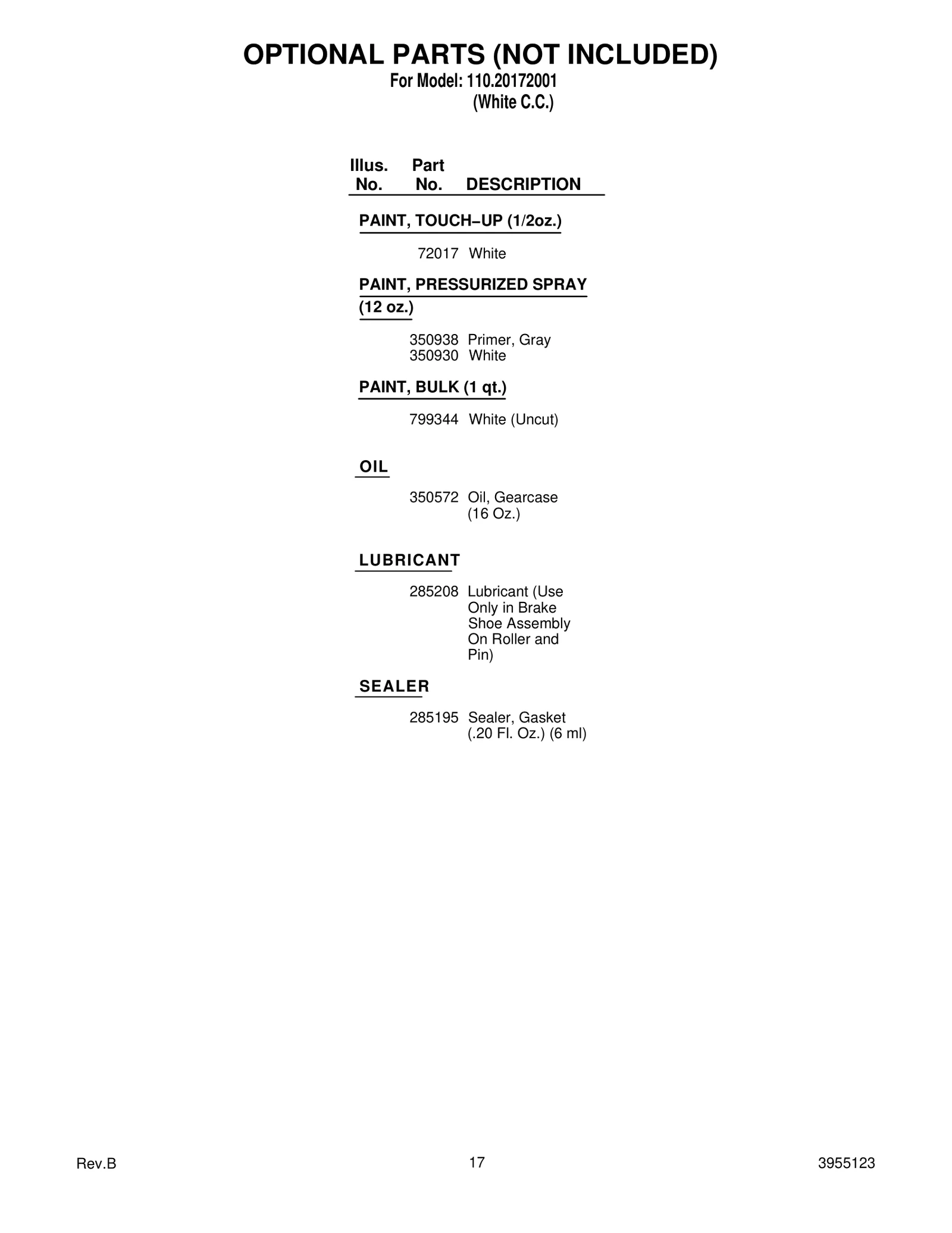 OPTIONAL PARTS (NOT INCLUDED)