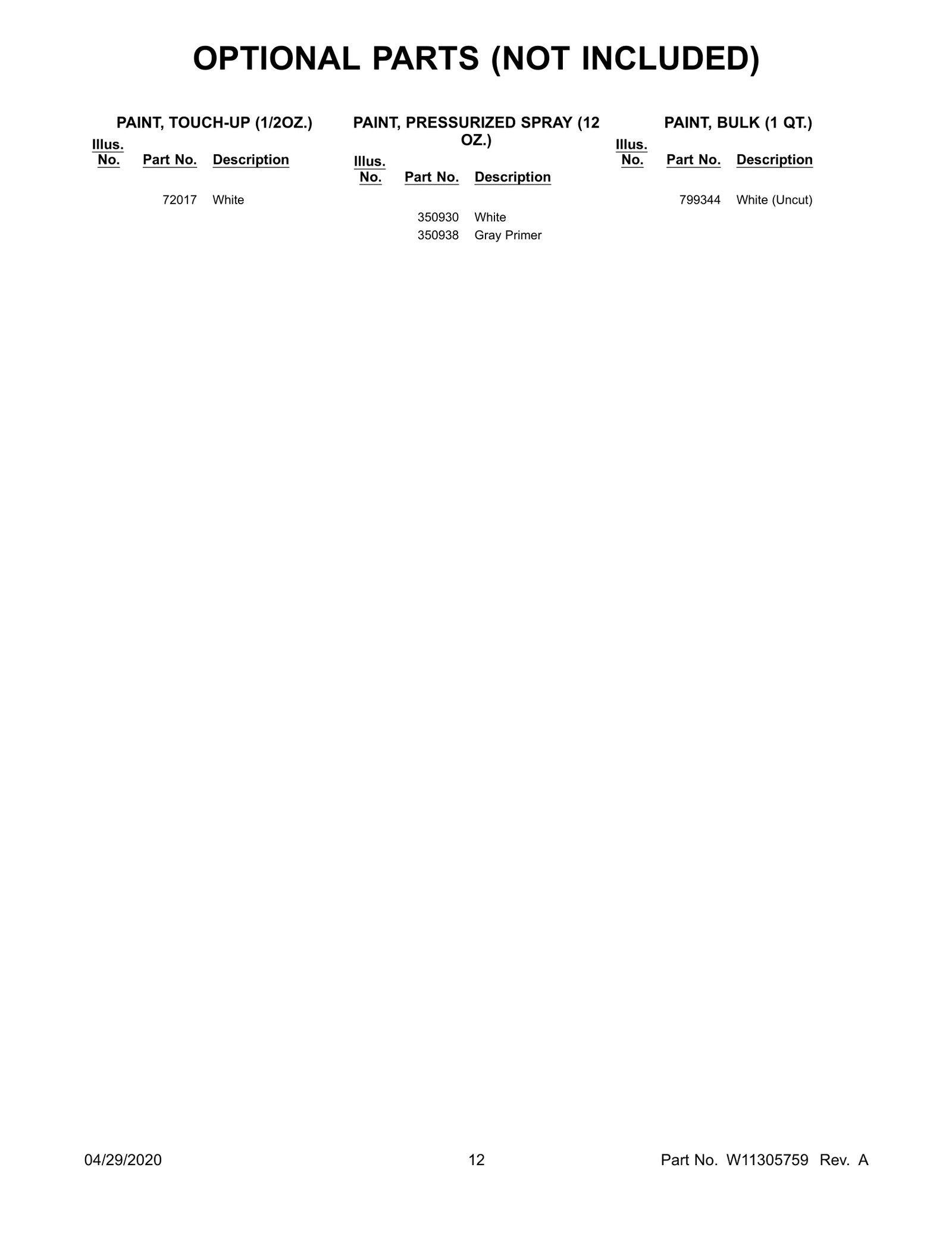 OPTIONAL PARTS (NOT INCLUDED)