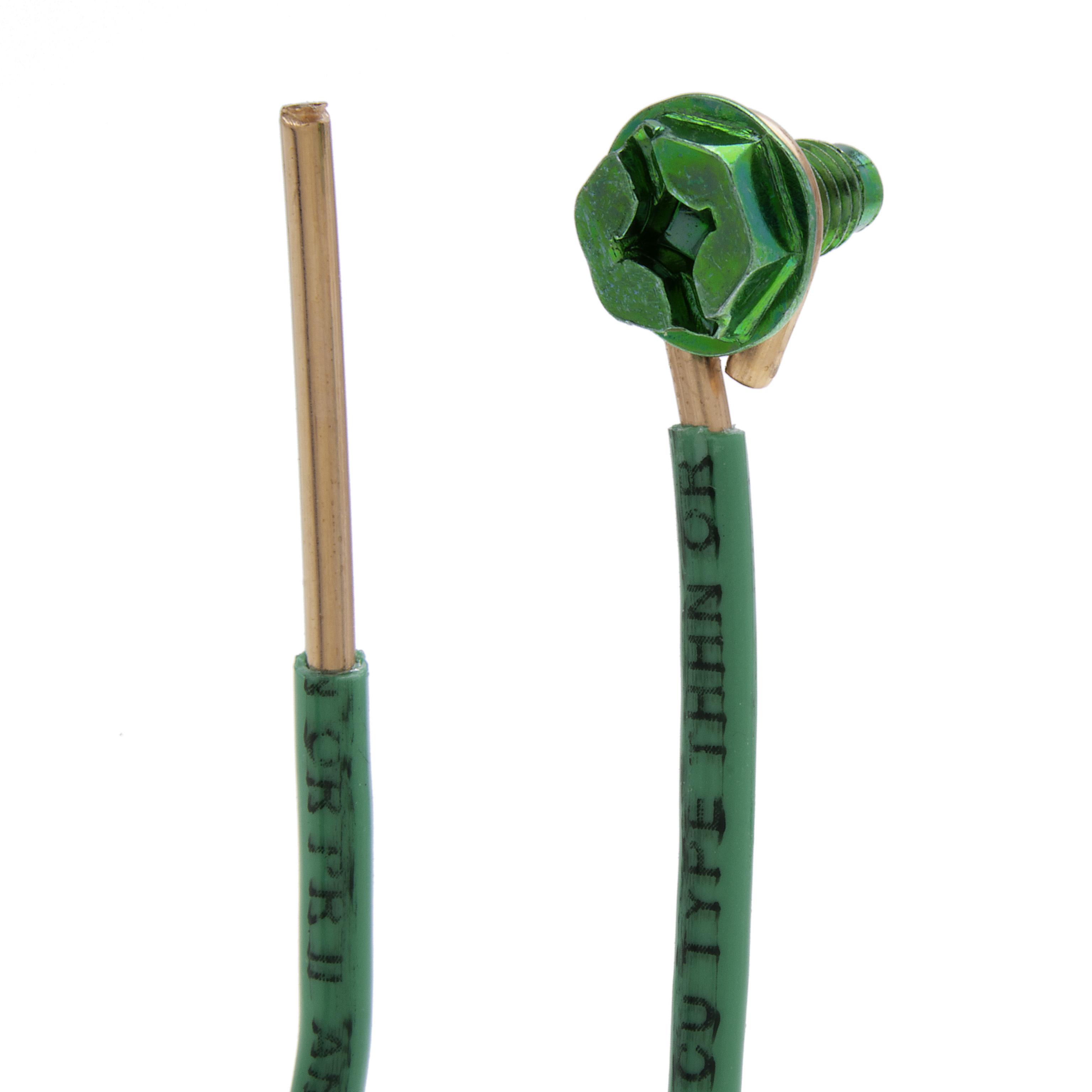 Grounding Pigtail with Screw, 12 in. length, Green, Copper material, Slotted, Phillips, Square Drive, Dog Point Screw, Hex Washer included, Zinc Coated finish, 50 per bag, 12 Size, Steel screw material