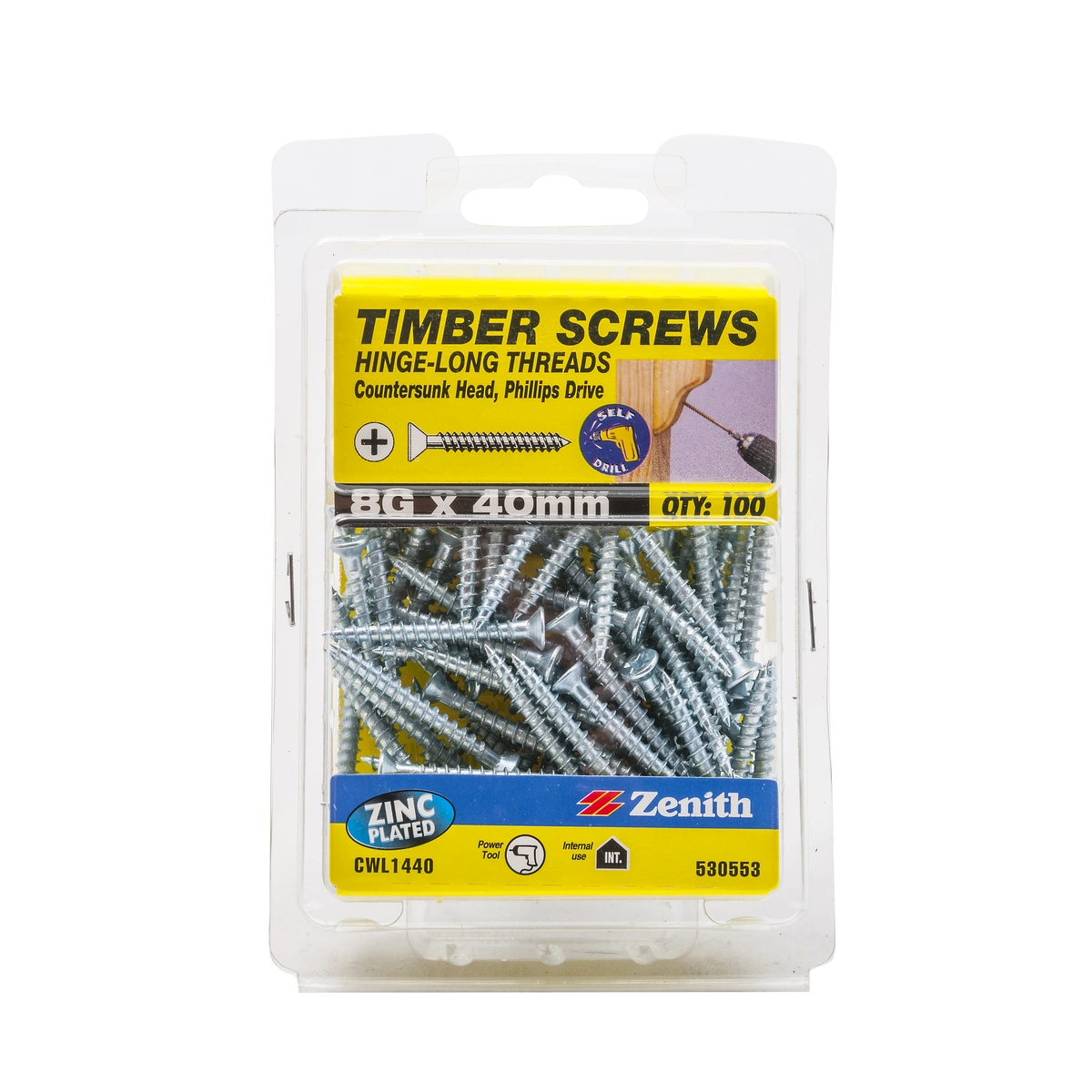 ZENITH® 8G x 40mm Zinc Plated, Phillips Drive, Timber Screws – Internal Use – 100 Pack