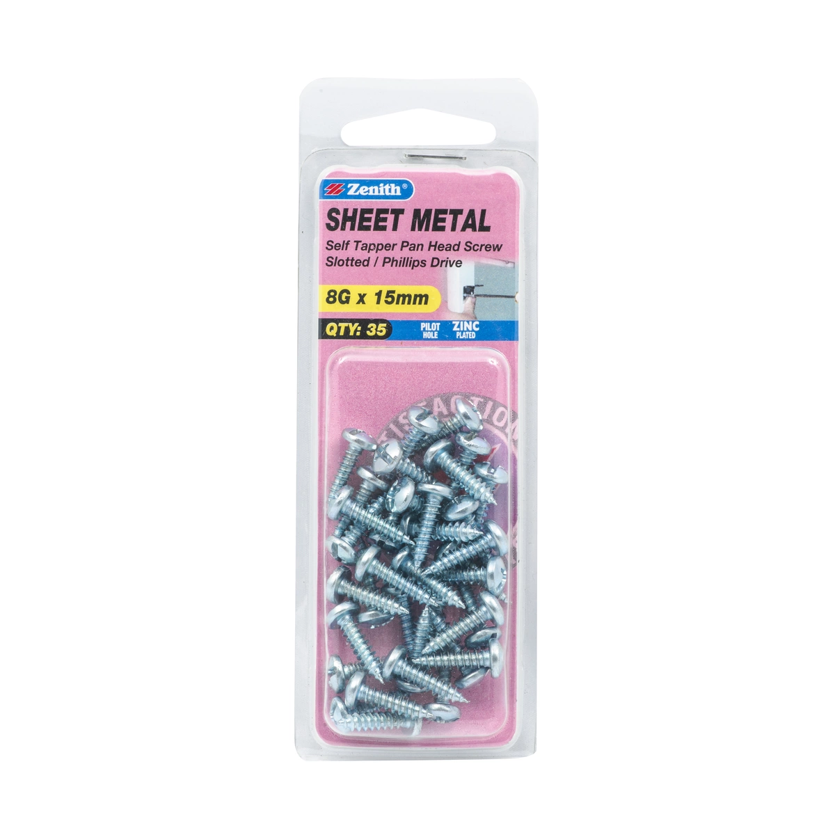 ZENITH® 8G x 15mm Zinc Plated, Self Tapping, Combination Drive, Sheet Metal Screws – Internal Use – 35 Pack