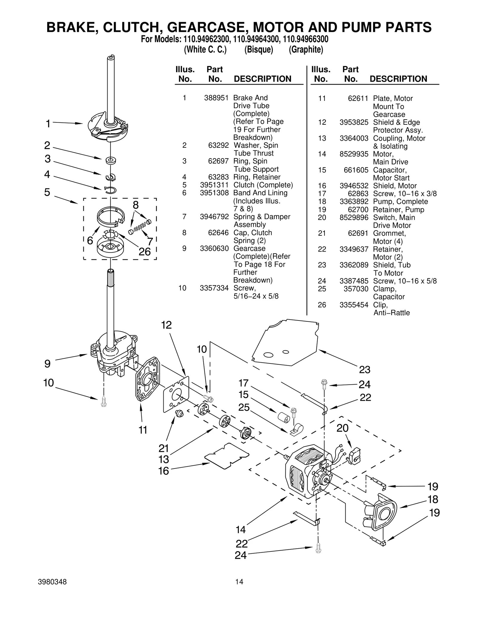 BRAKE, CLUTCH, GEARCASE, MOTOR AND PUMP PARTS
