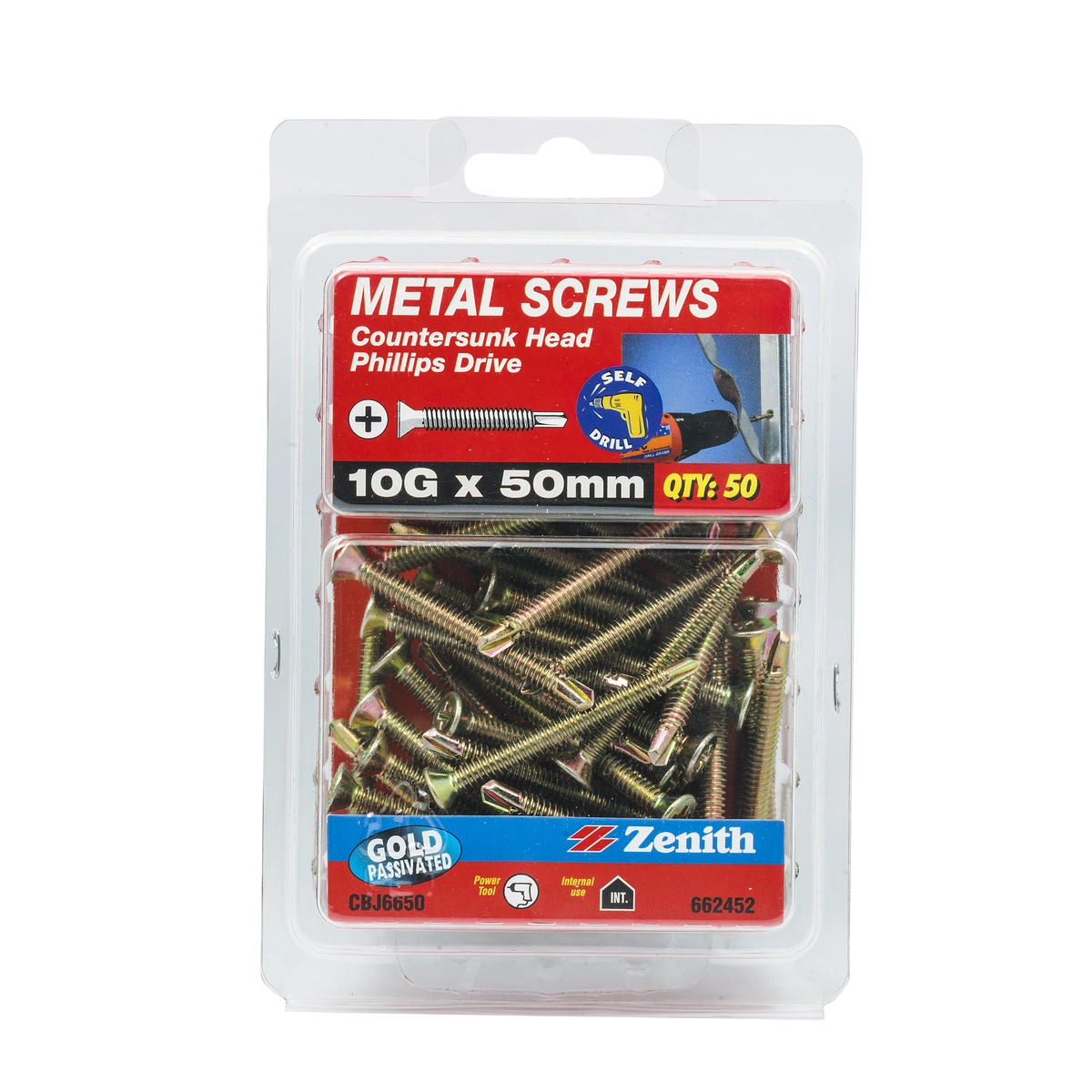 ZENITH® 10G x 50mm Gold Passivated, Self Drilling, Phillips Drive, Metal Screws – Internal Use – 50 Pack