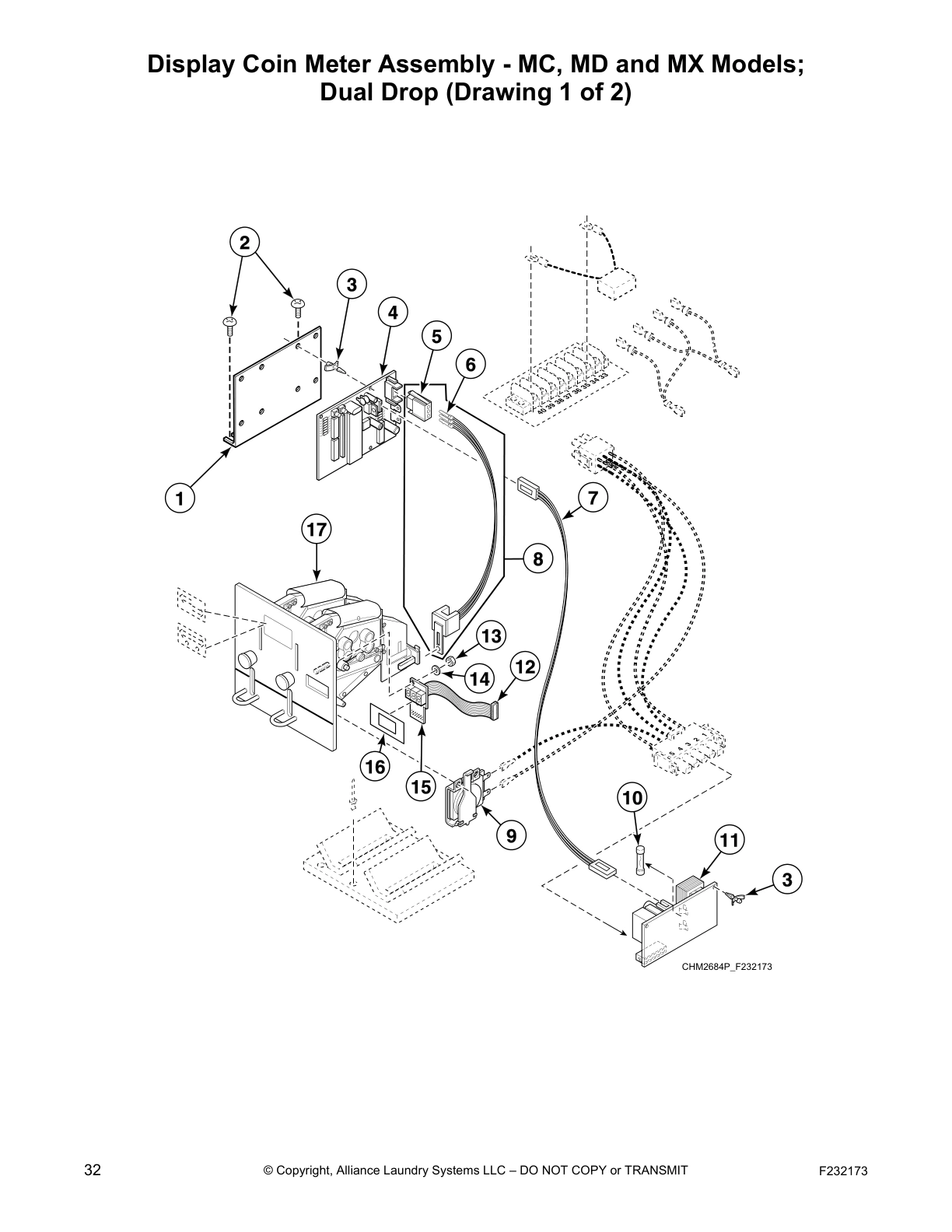 Display Coin Meter Assembly - MC, MD and MX Models; 
Dual Drop (Drawing 1 of 2)