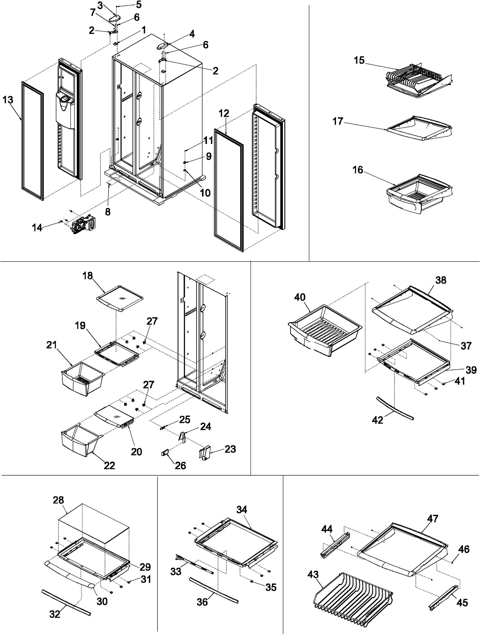 HINGES, & REFRIGERATOR SHELVING