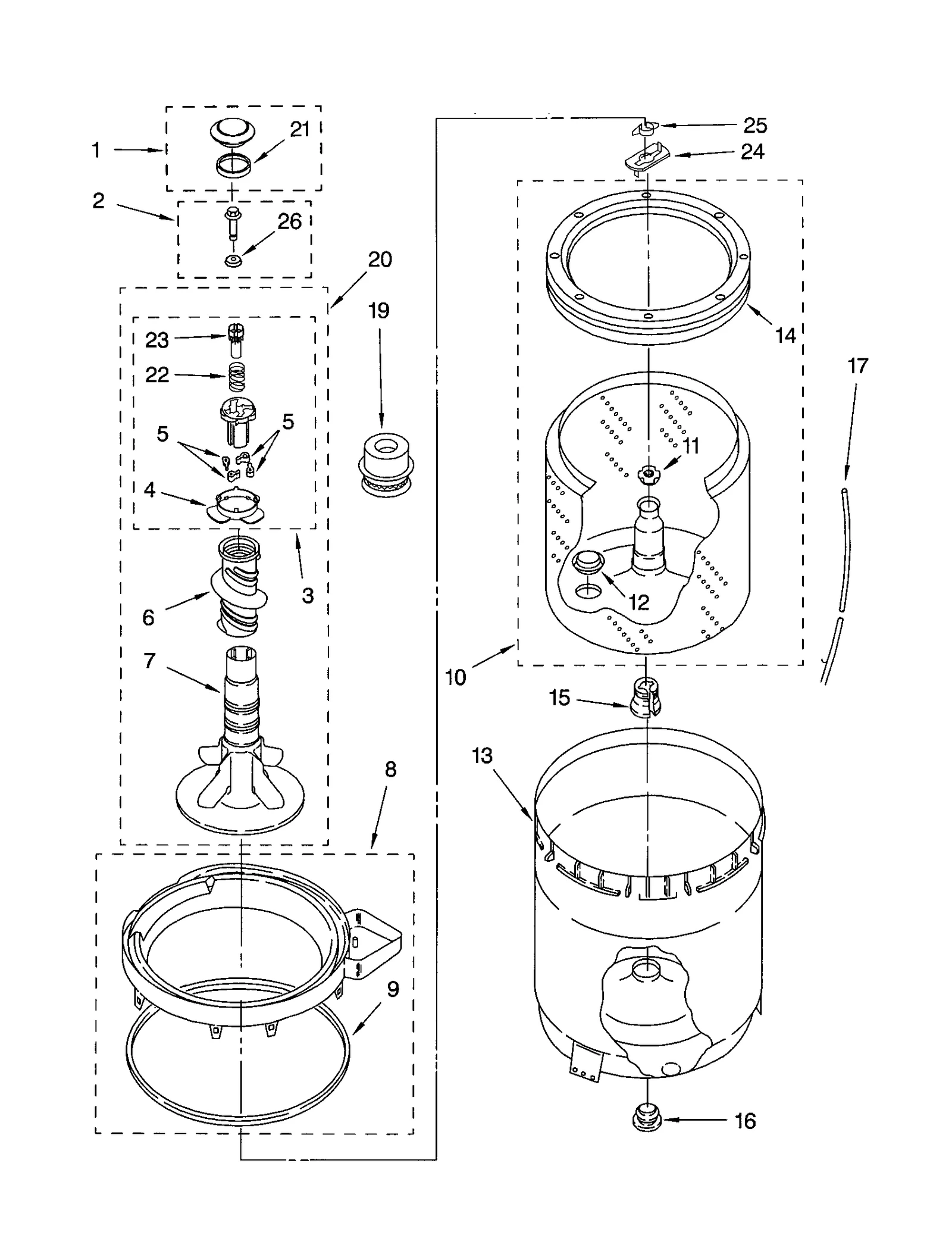 AGITATOR, BASKET AND TUB