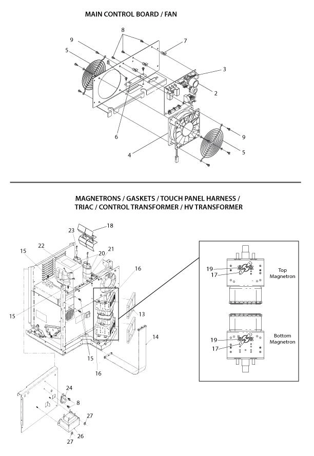 MAIN CONTROL BOARD / FAN / MAGNETRONS / TRANSFORMERS
