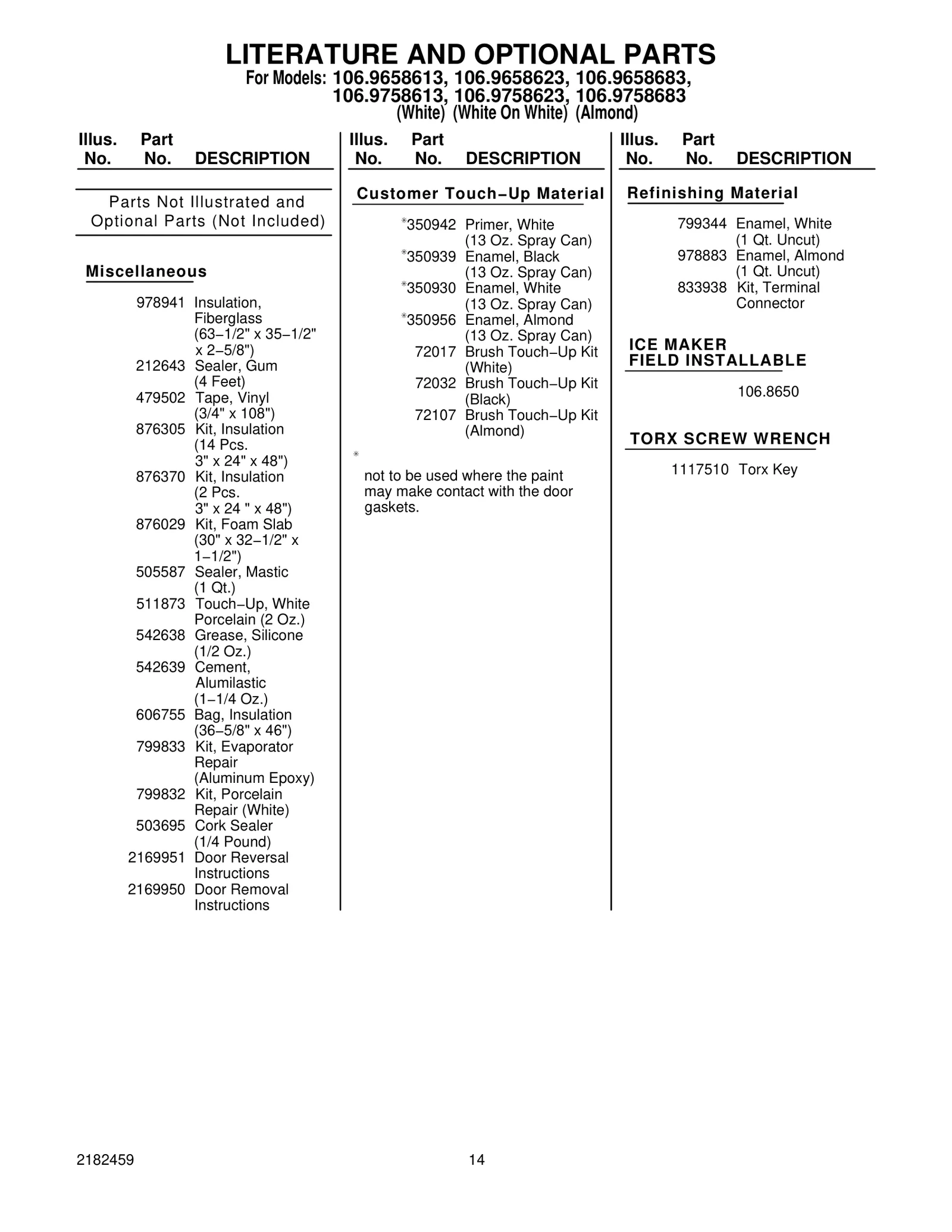 LITERATURE AND OPTIONAL PARTS