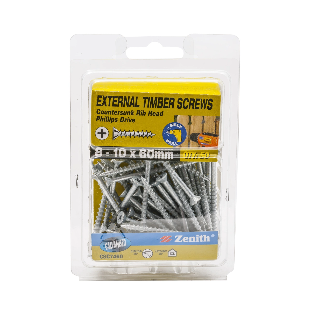 ZENITH® 8G x 60mm Galvanised, Phillips Drive, Timber Screws – External Use – 50 Pack