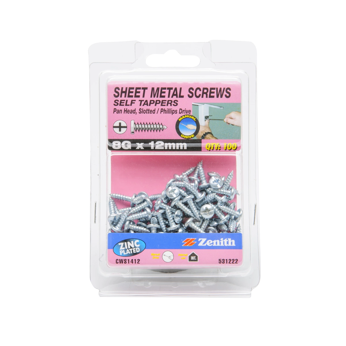 ZENITH® 8G x 12mm Zinc Plated, Self Tapping, Combination Drive, Sheet Metal Screws – Internal Use – 100 Pack