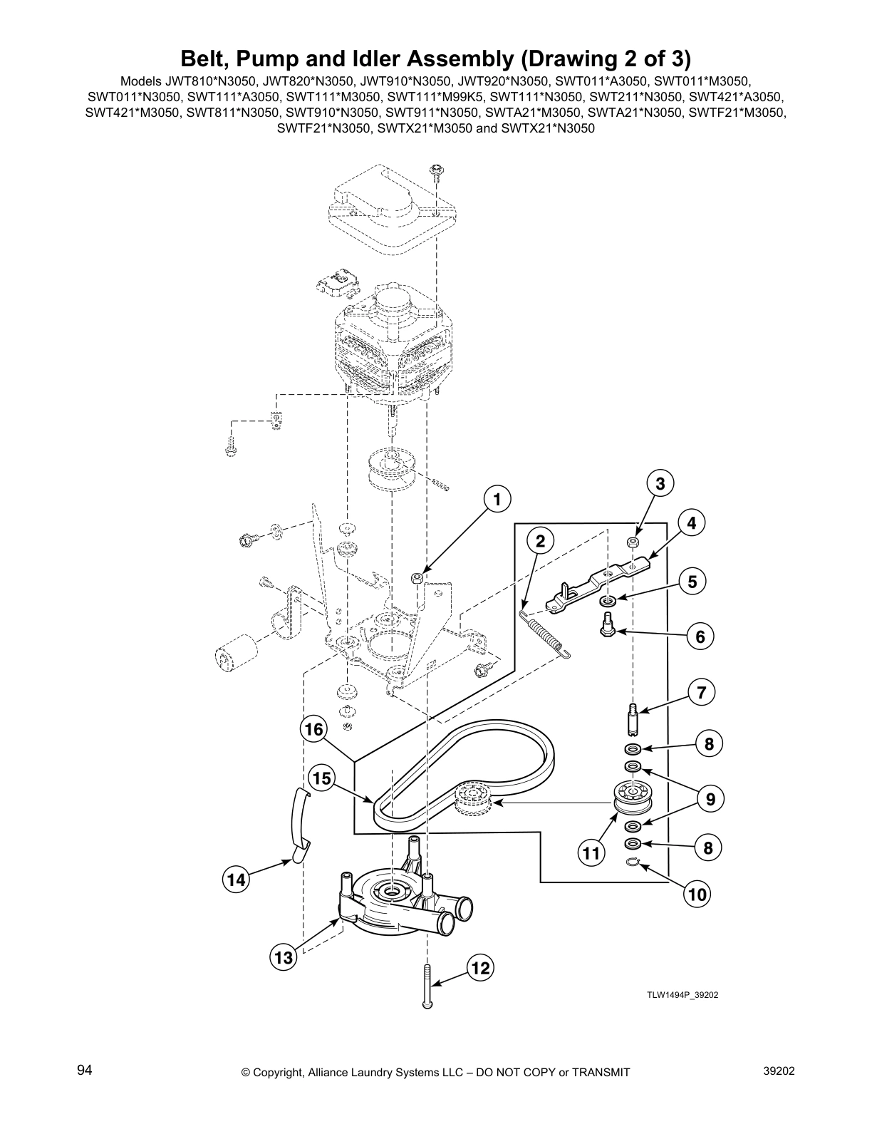 Belt, Pump and Idler Assembly (Drawing 2 of 3)