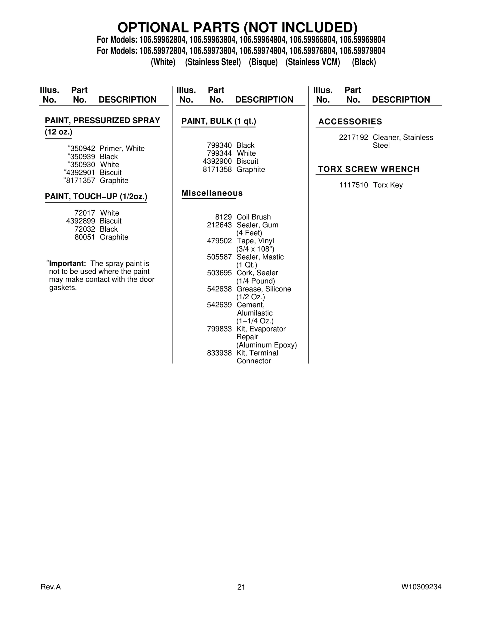 OPTIONAL PARTS (NOT INCLUDED)