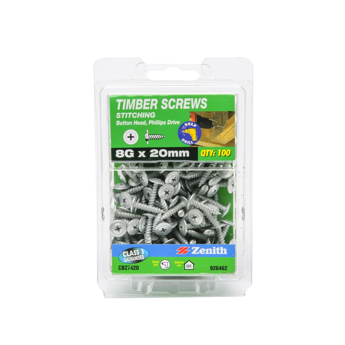 ZENITH® 8G x 20mm Class 3 Galvanised, Phillips Drive, Stitching Screws – External Use – 100 Pack