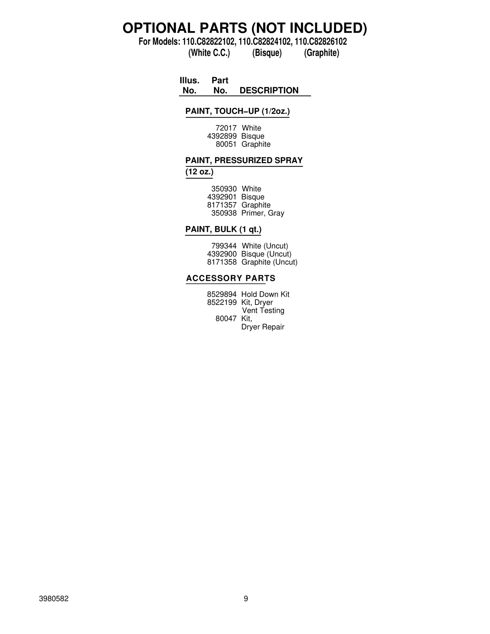 OPTIONAL PARTS (NOT INCLUDED)