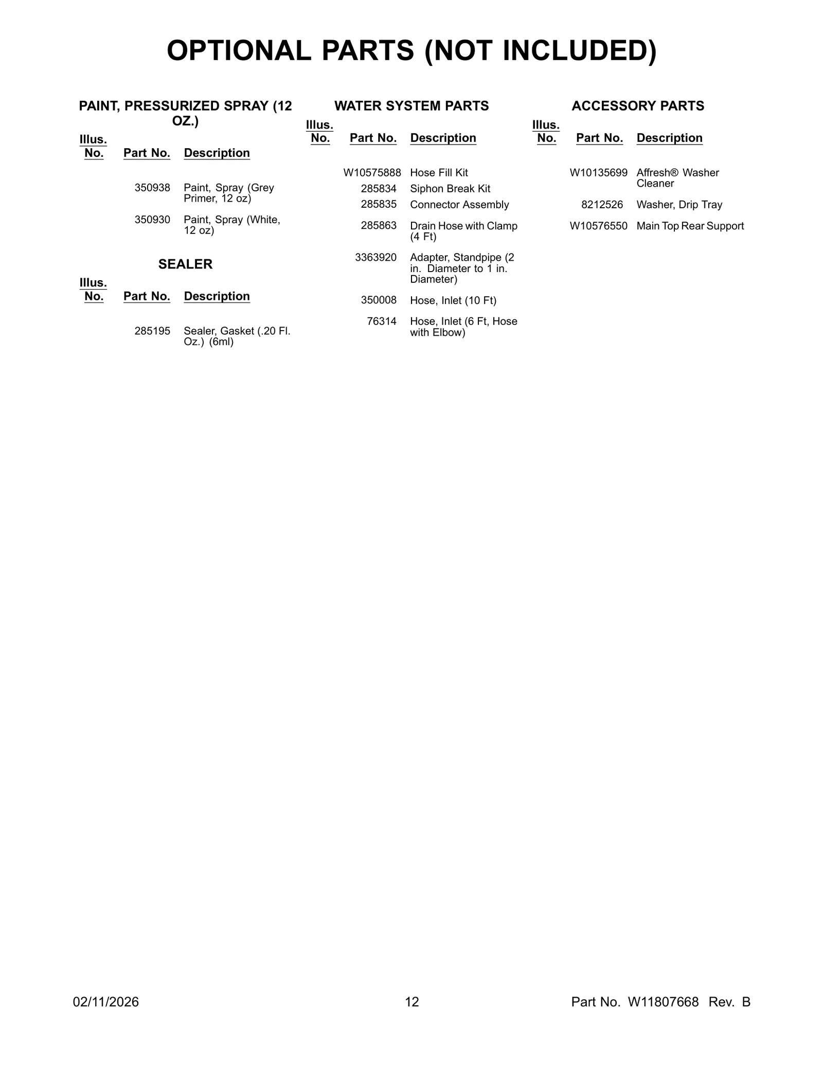 OPTIONAL PARTS (NOT INCLUDED)