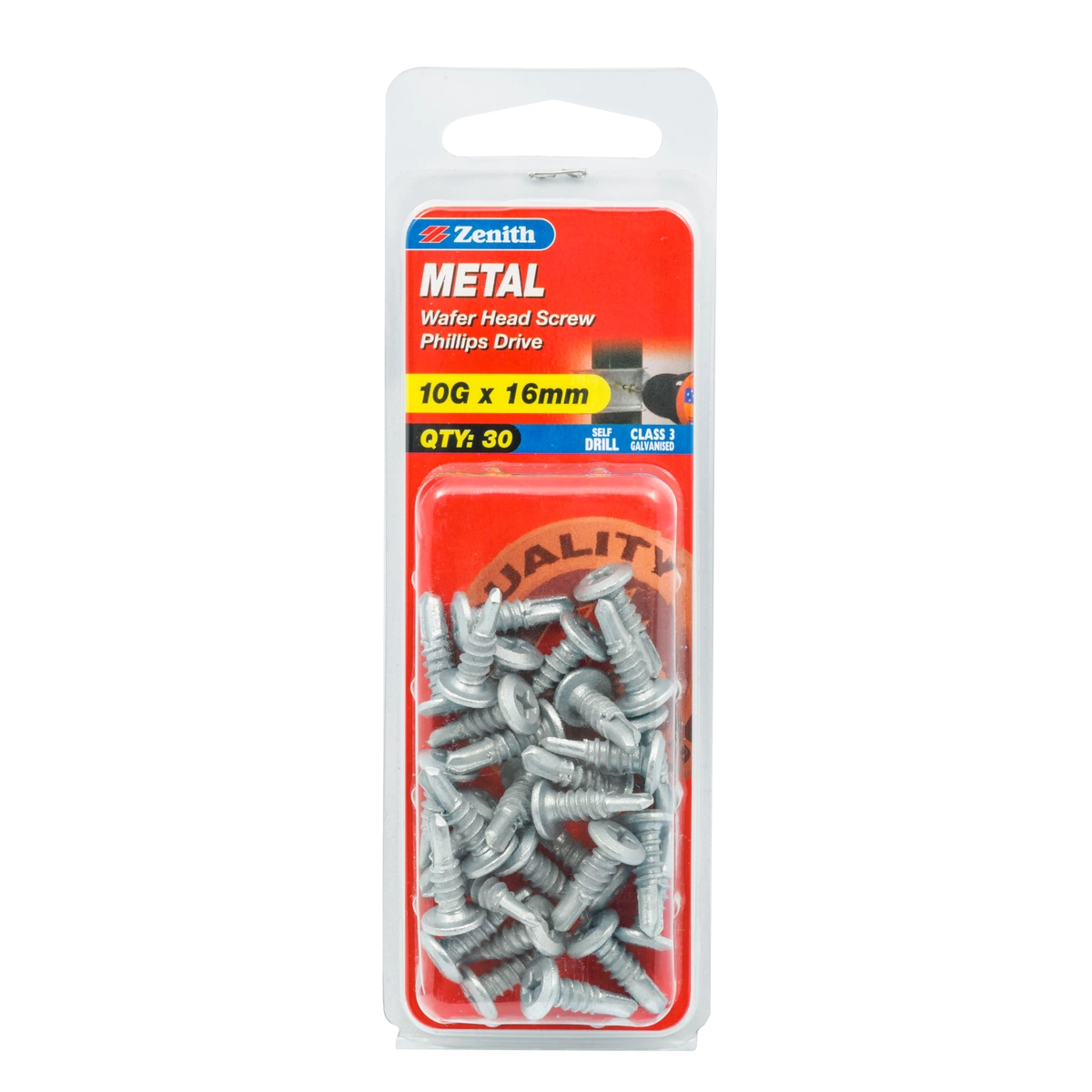 ZENITH® 10G x 16mm Class 3 Galvanised, Self Drilling, Phillips Drive, Metal Screws – External Use – 30 Pack