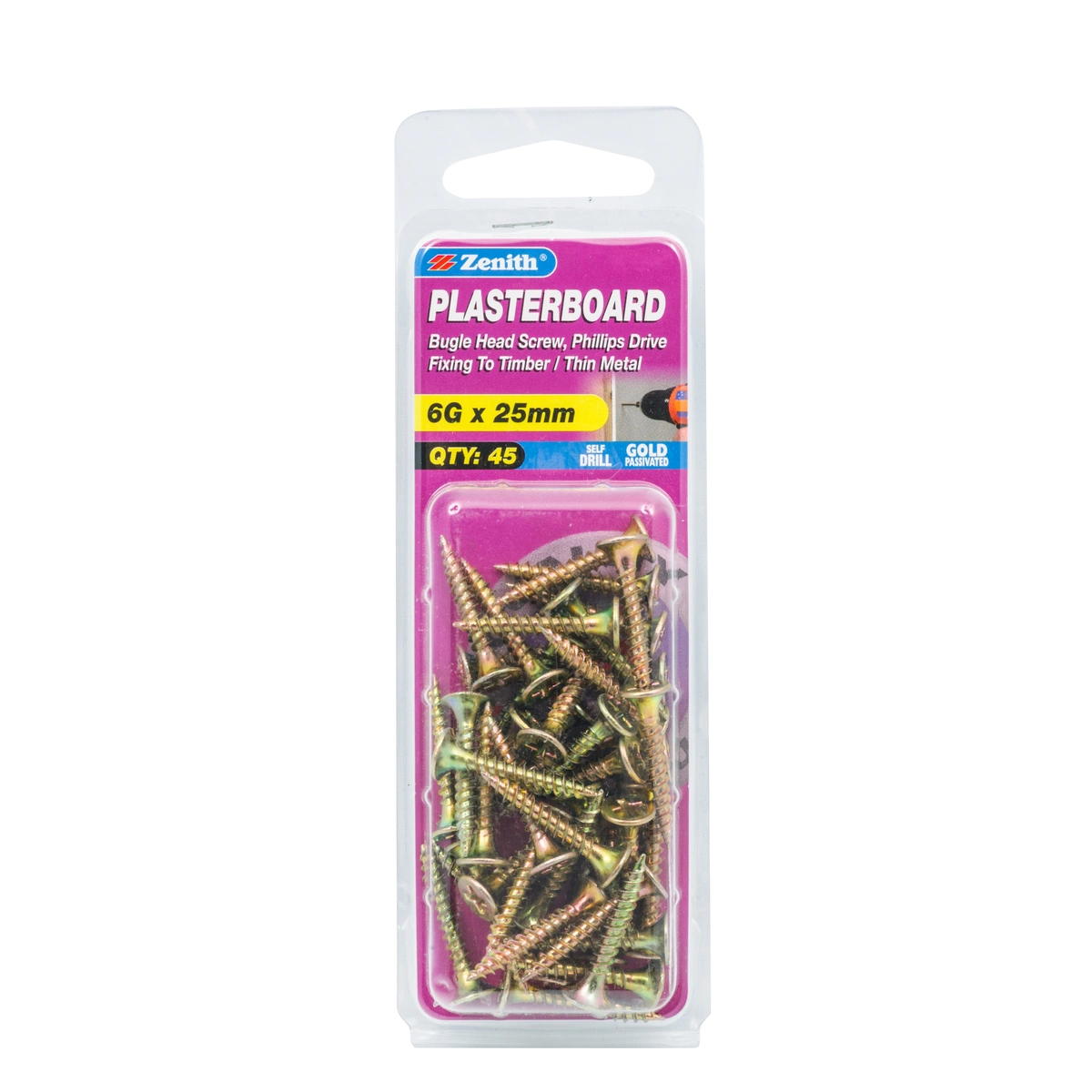 ZENITH® 6G x 25mm Gold Passivated, Phillips Drive, Plasterboard Screws – Internal Use – 45 Pack
