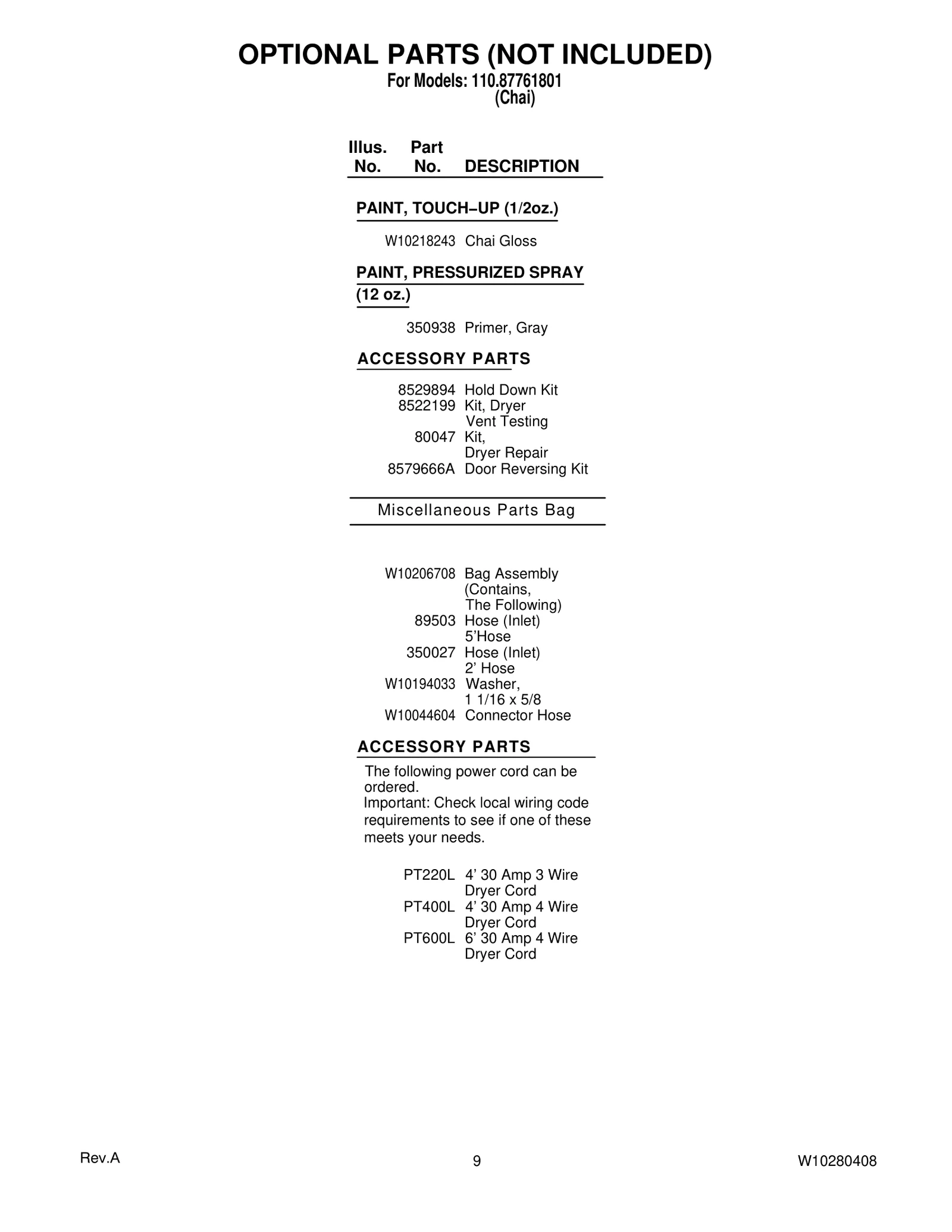 OPTIONAL PARTS (NOT INCLUDED)