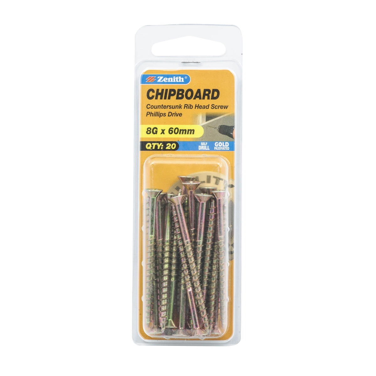 ZENITH® 8G x 60mm Gold Passivated, Phillips Drive, Chipboard Screws – Internal Use – 20 Pack