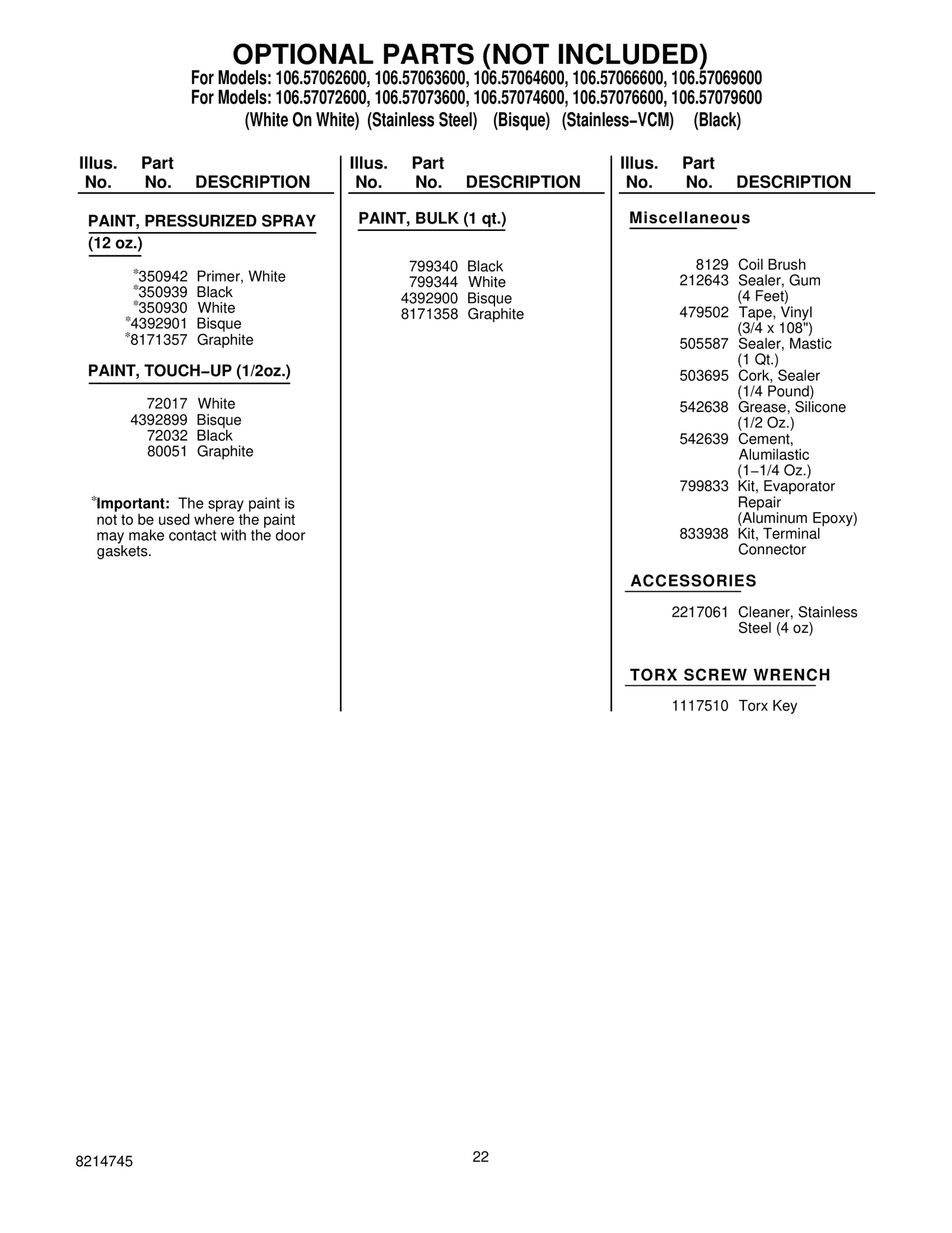 OPTIONAL PARTS (NOT INCLUDED)