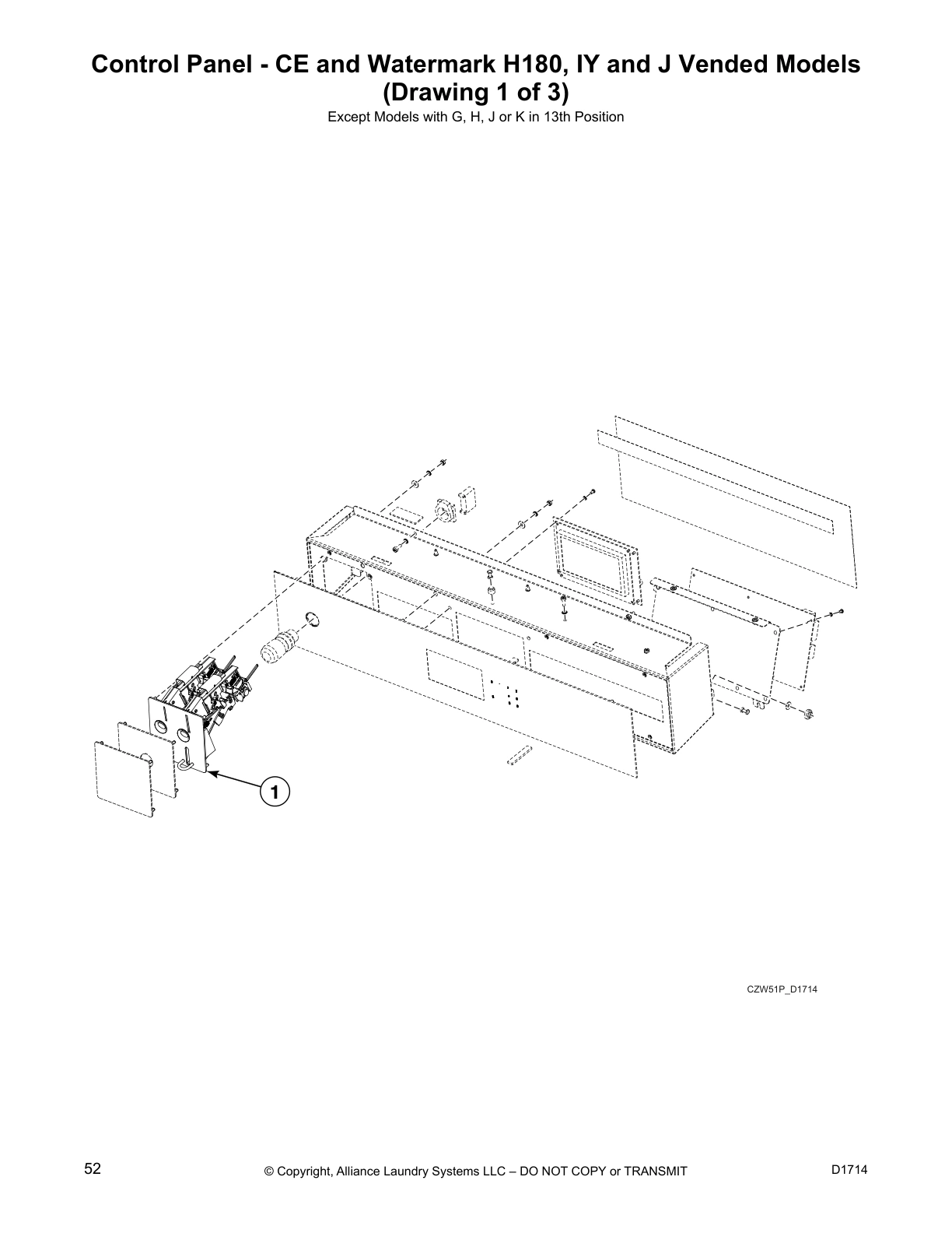 Control Panel - CE and Watermark H180, IY and J Vended Models
(Drawing 1 of 3)
