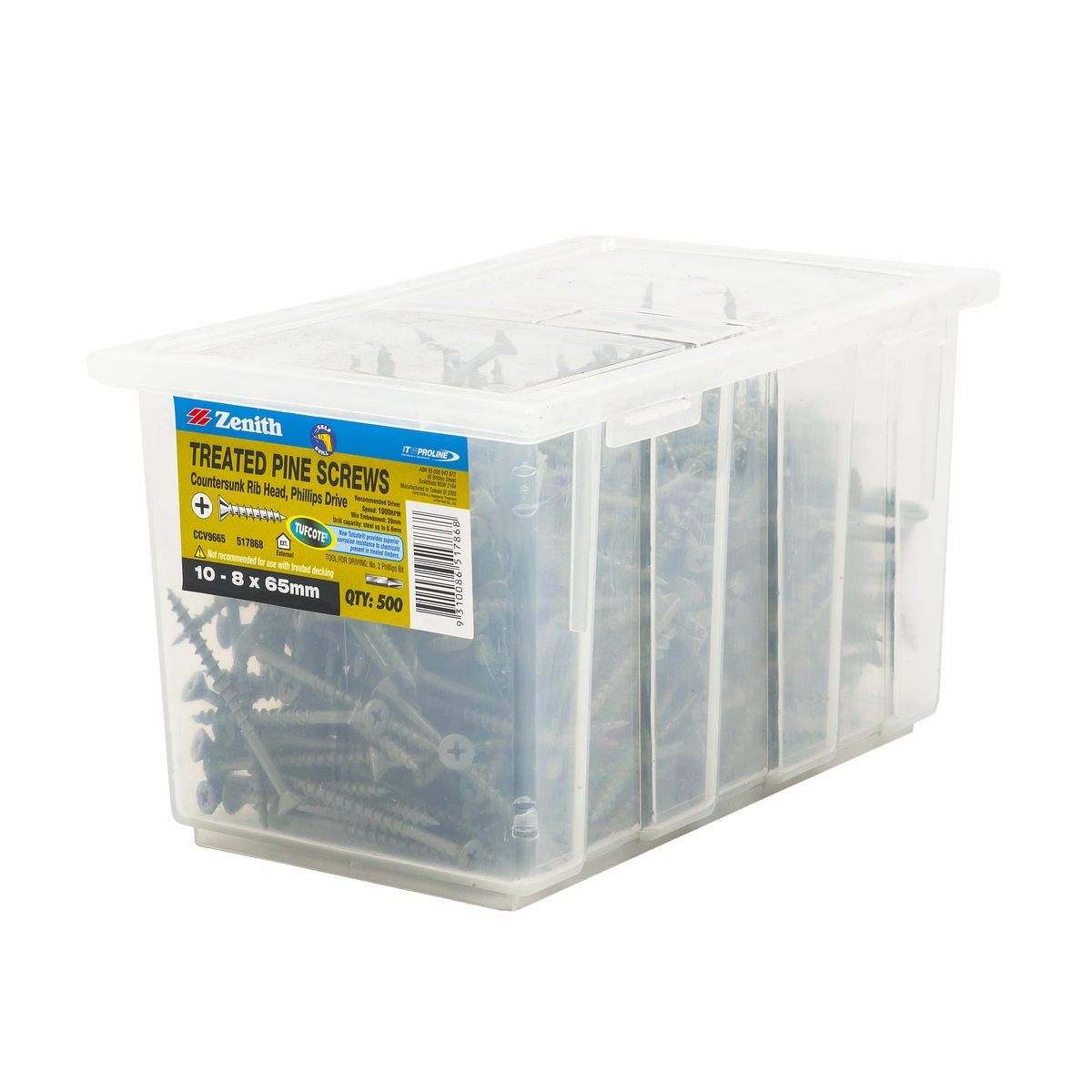 ZENITH® 8G x 65mm TUFCOTE®, Phillips Drive, Treated Pine Screws – External Use – 500 Pack