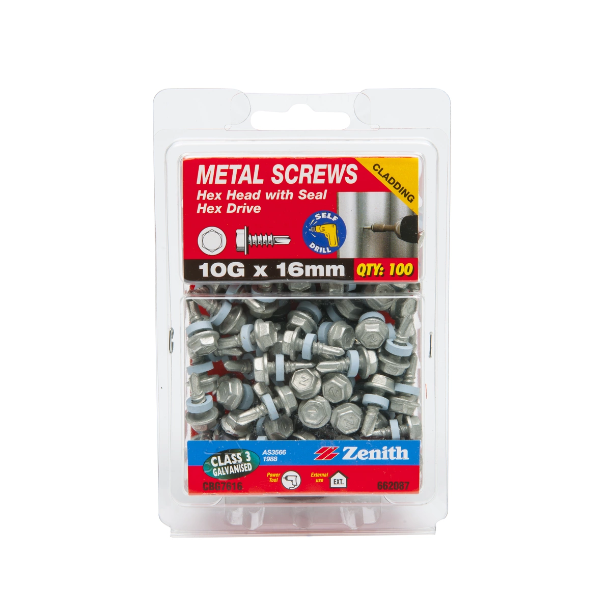 ZENITH® 10G x 16mm Class 3 Galvanised, Self Drilling, External Hex Drive, Cladding & Roofing Screws with Seal – External Use – 100 Pack