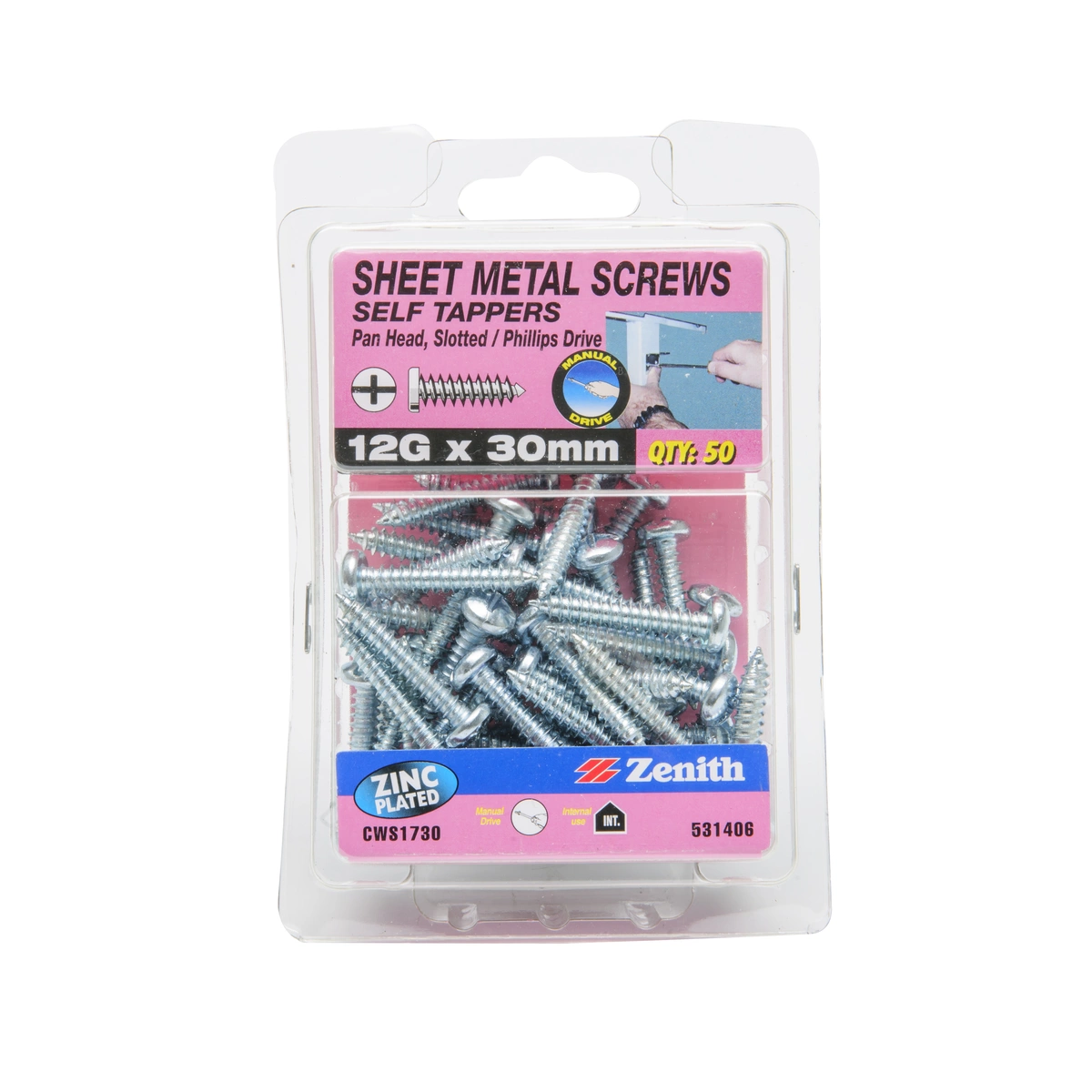 ZENITH® 12G x 30mm Zinc Plated, Self Tapping, Combination Drive, Sheet Metal Screws – Internal Use – 50 Pack