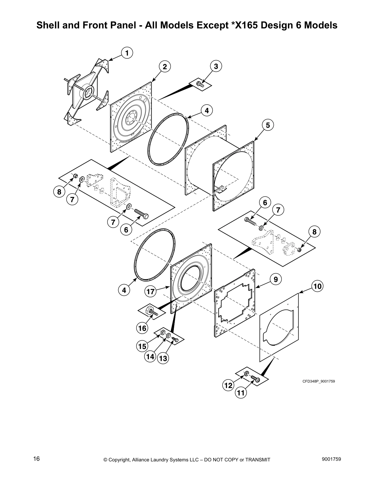 Shell and Front Panel - All Models Except *X165 Design 6 Models