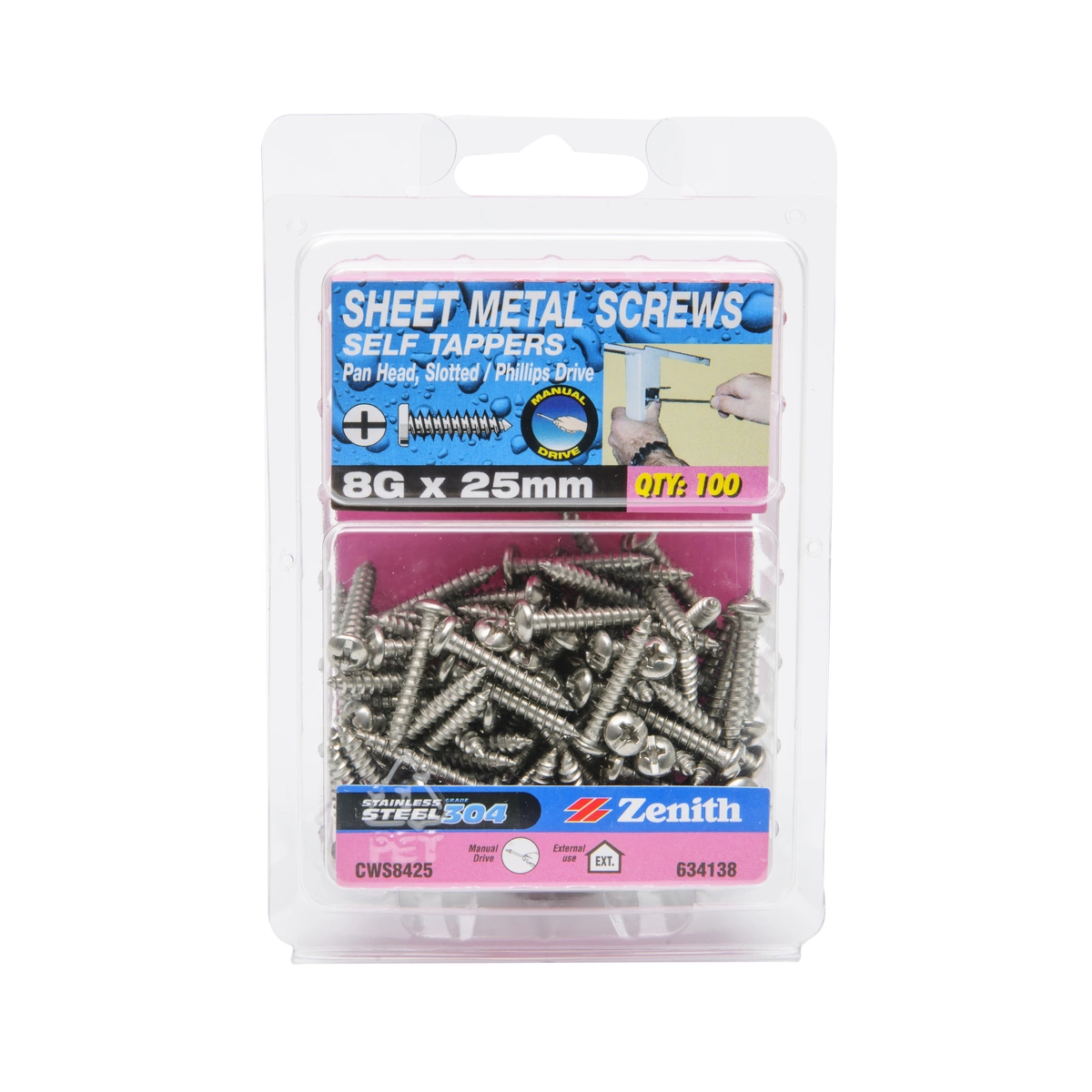 ZENITH® 8G x 25mm 304 Stainless Steel, Self Tapping, Combination Drive, Sheet Metal Screws – External Use – 100 Pack