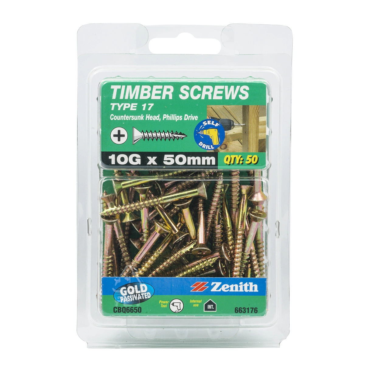 ZENITH® 10G x 50mm Gold Passivated, Phillips Drive, Timber Screws – Internal Use – 50 Pack