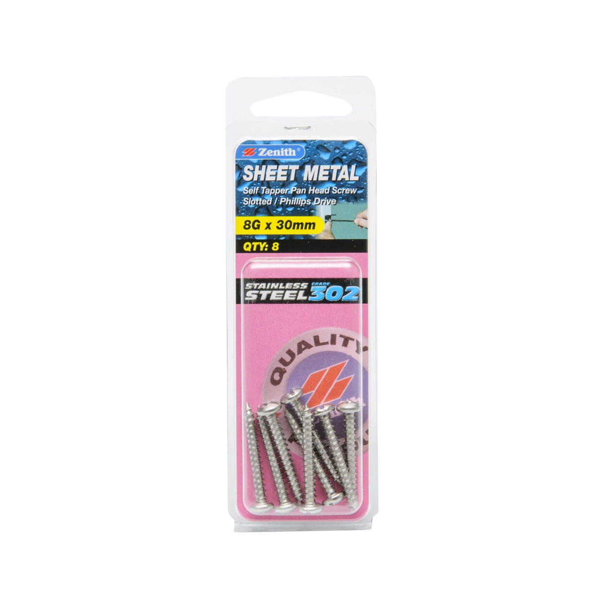 ZENITH® 8G x 30mm 304 Stainless Steel, Self Tapping, Combination Drive, Sheet Metal Screws – External Use – 8 Pack