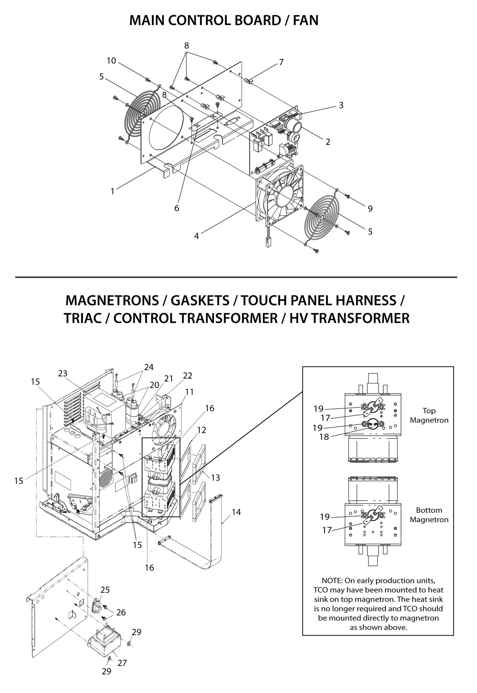 MAIN CONTROL BOARD / FAN / MAGNETRON / GASKETS / TOUCH PANEL