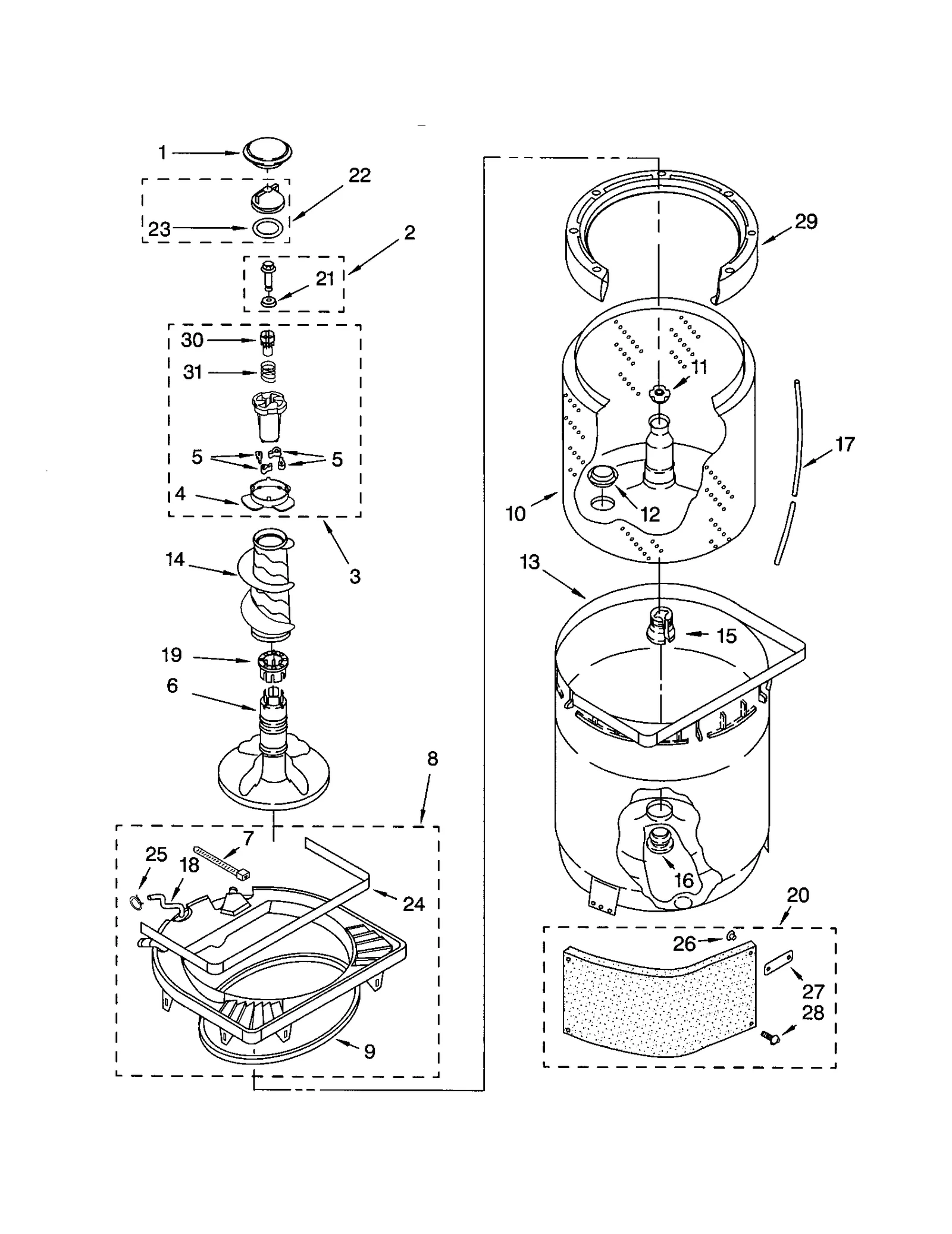 AGITATOR, BASKET AND TUB